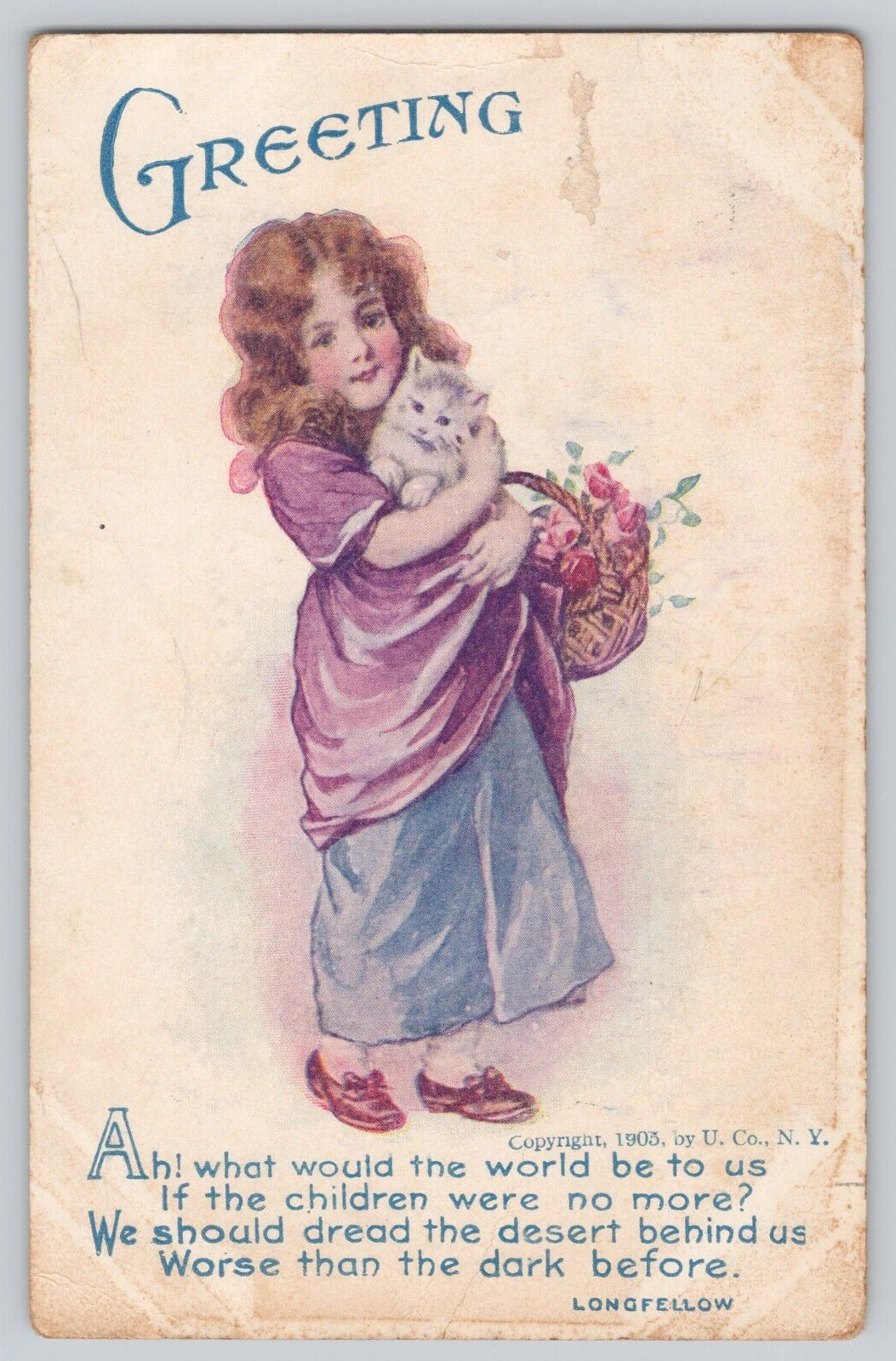 Postcard Little girl Kitten Longfellow quotation greeting c 1908