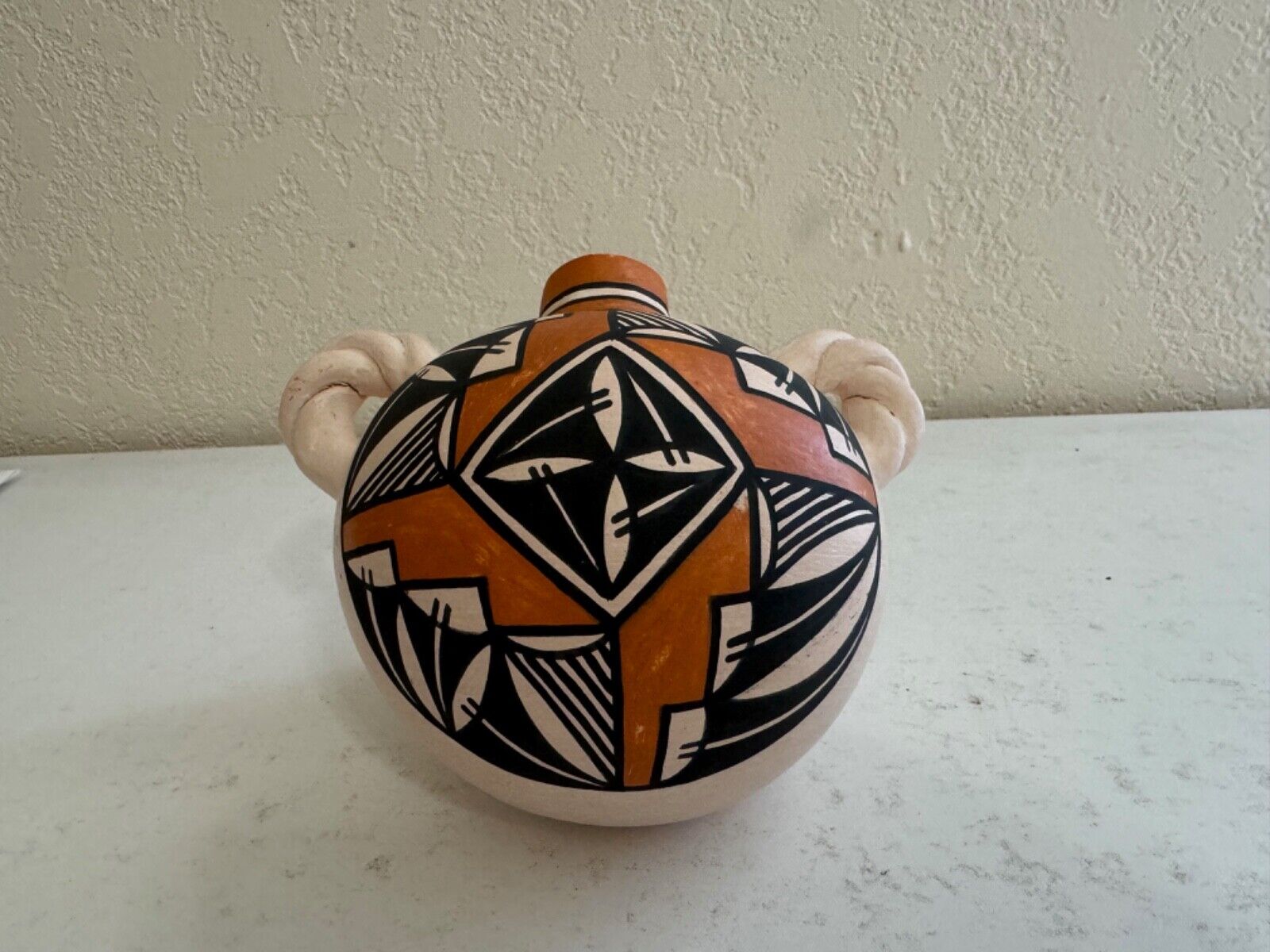 Native American Lady Clay Tina Francis Signed Acoma Pottery Leaning Handled Vase