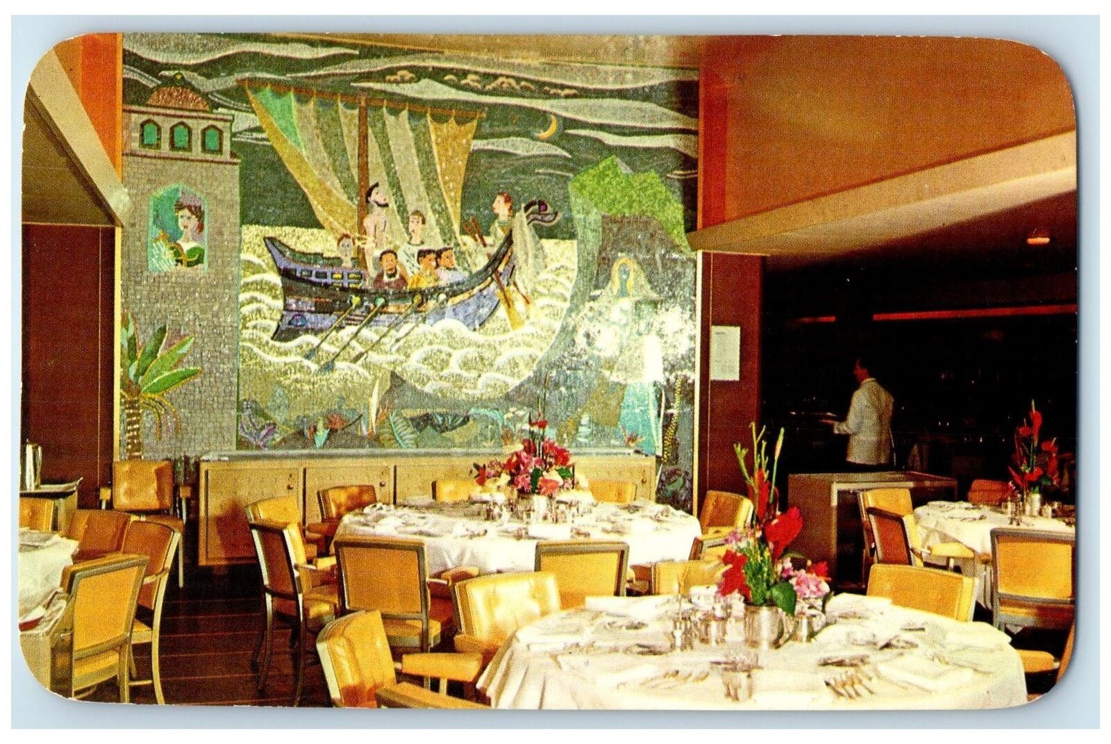 c1960's Waikiki Dining Room Steamship Lurline Waikiki Hawaii HI Mural Postcard