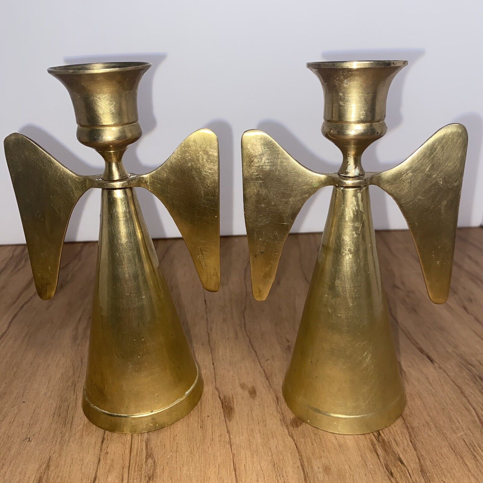 Pair Vtg Brass Angel Candle Stick Holders Removable wings Made in India 6”