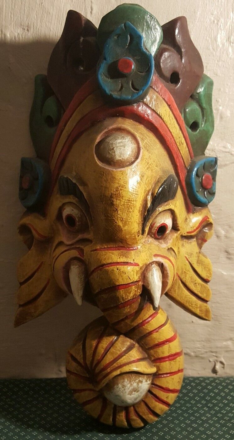 VTG Hand Painted & Carved Wood 10” Ganesh Elephant Mask Wall Hanging Yellow Face