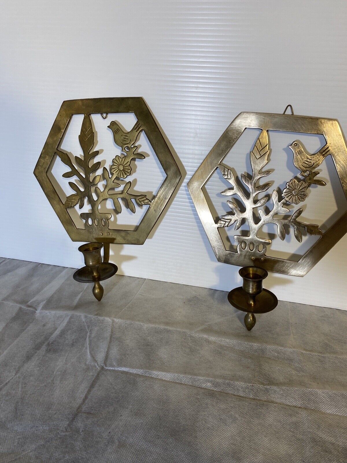 VTG Solid Brass Gatco Wall Sconces Set of 2 Bird Floral Design Candle Holder
