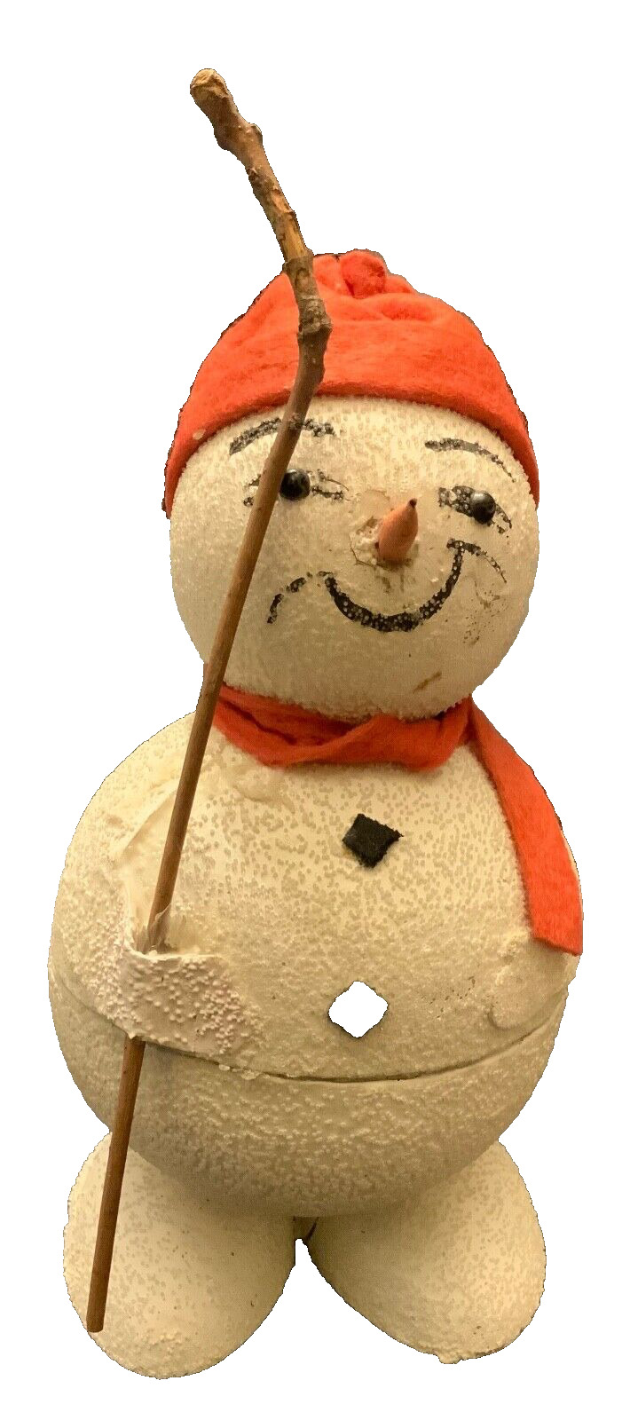 VINTAGE GERMAN CANDY CONTAINER - SNOWMAN WITH STICK & RED FELT SCARF/CAP
