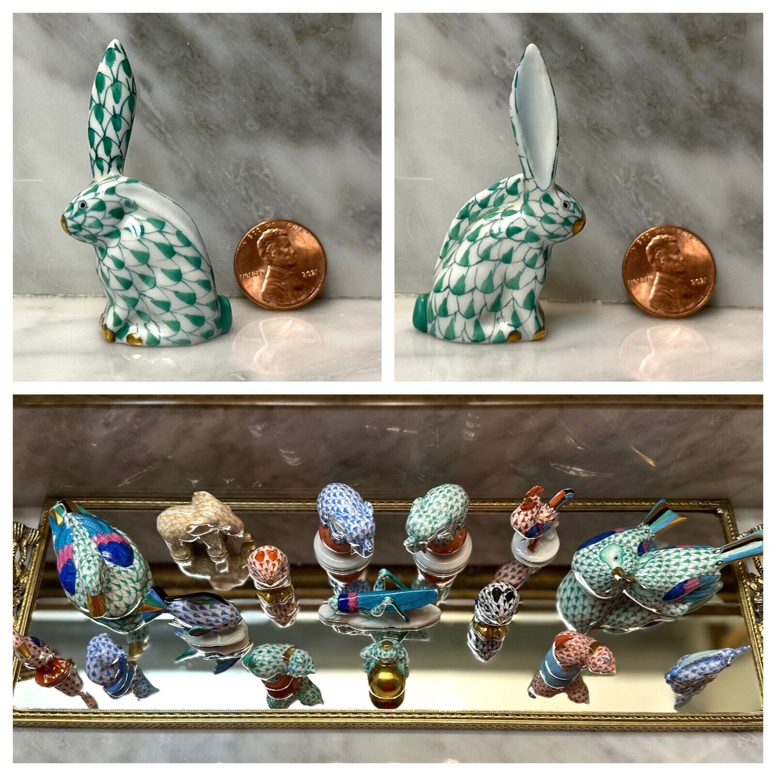 MINT $125 Herend Miniature Rabbit One Ear Up Green Fishnet 🦉Baby Bunny