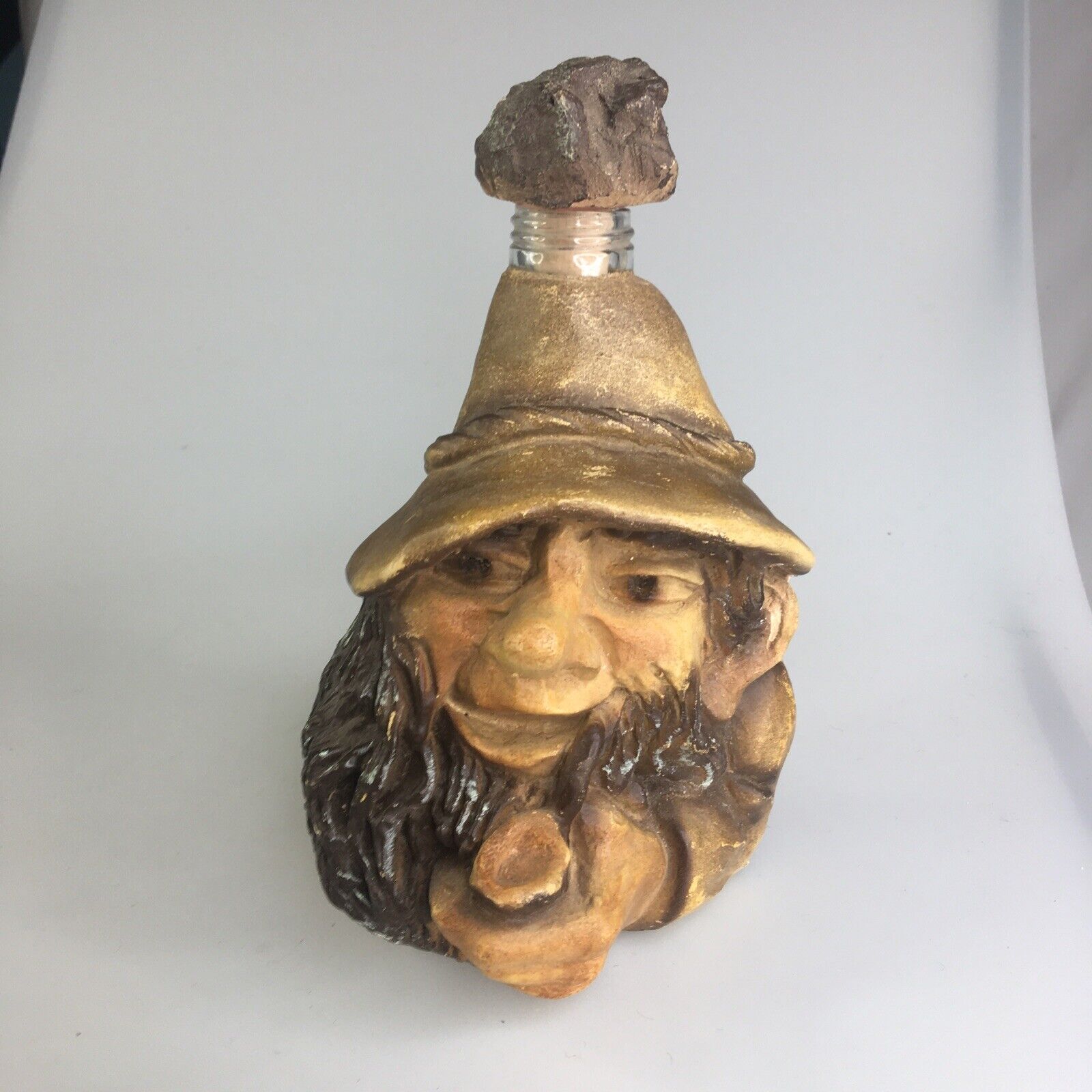 VTG Whiskey Bottle Resin Gnome with Pipe Decanter Whimsical + Cork Stopper