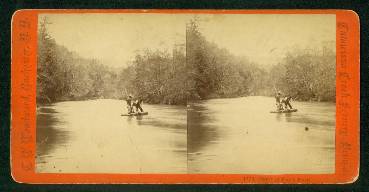 b148, CW Woodward Stereoview, -, Catawissa Creek, Ferry at Fry\'s Ford, PA, 1870s