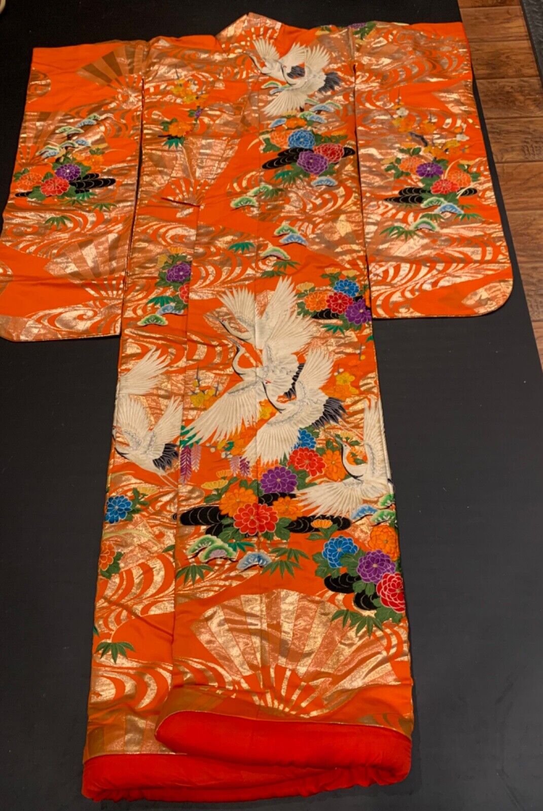 A rare vintage red orange Silk Kakeshita Japanese Wedding Kimono.