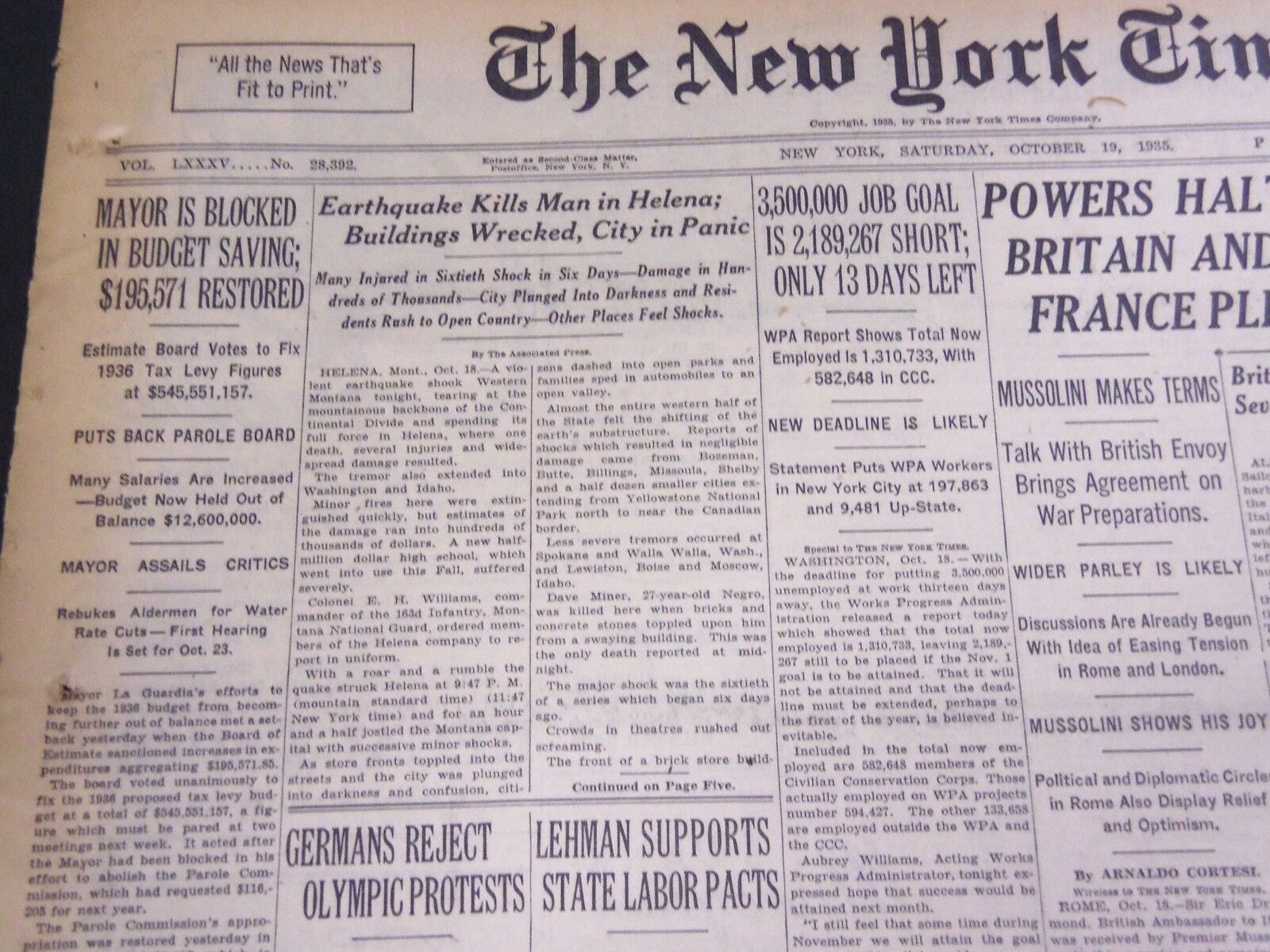 1935 OCTOBER 19 NEW YORK TIMES - EARTHQUAKE KILLS MAN IN HELENA - NT 4915