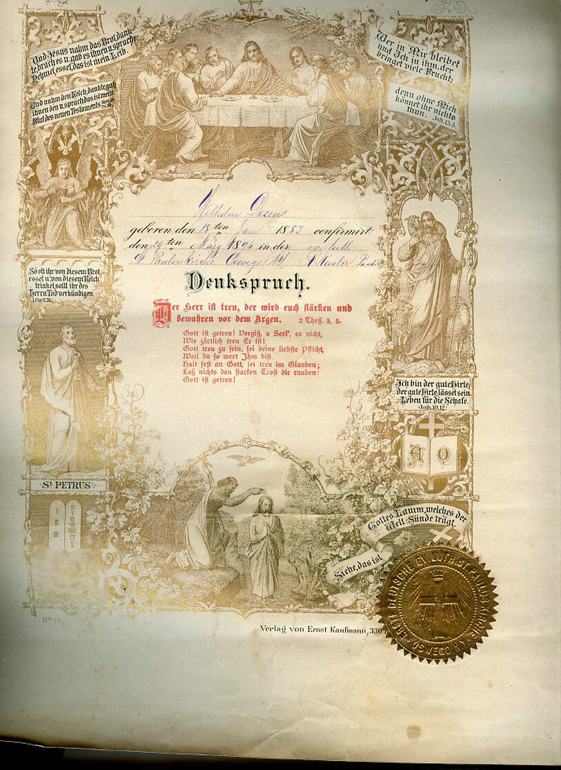 1883 Confirmation Certificate - Oswego, New York - DESENS Family (Wilhelm)   