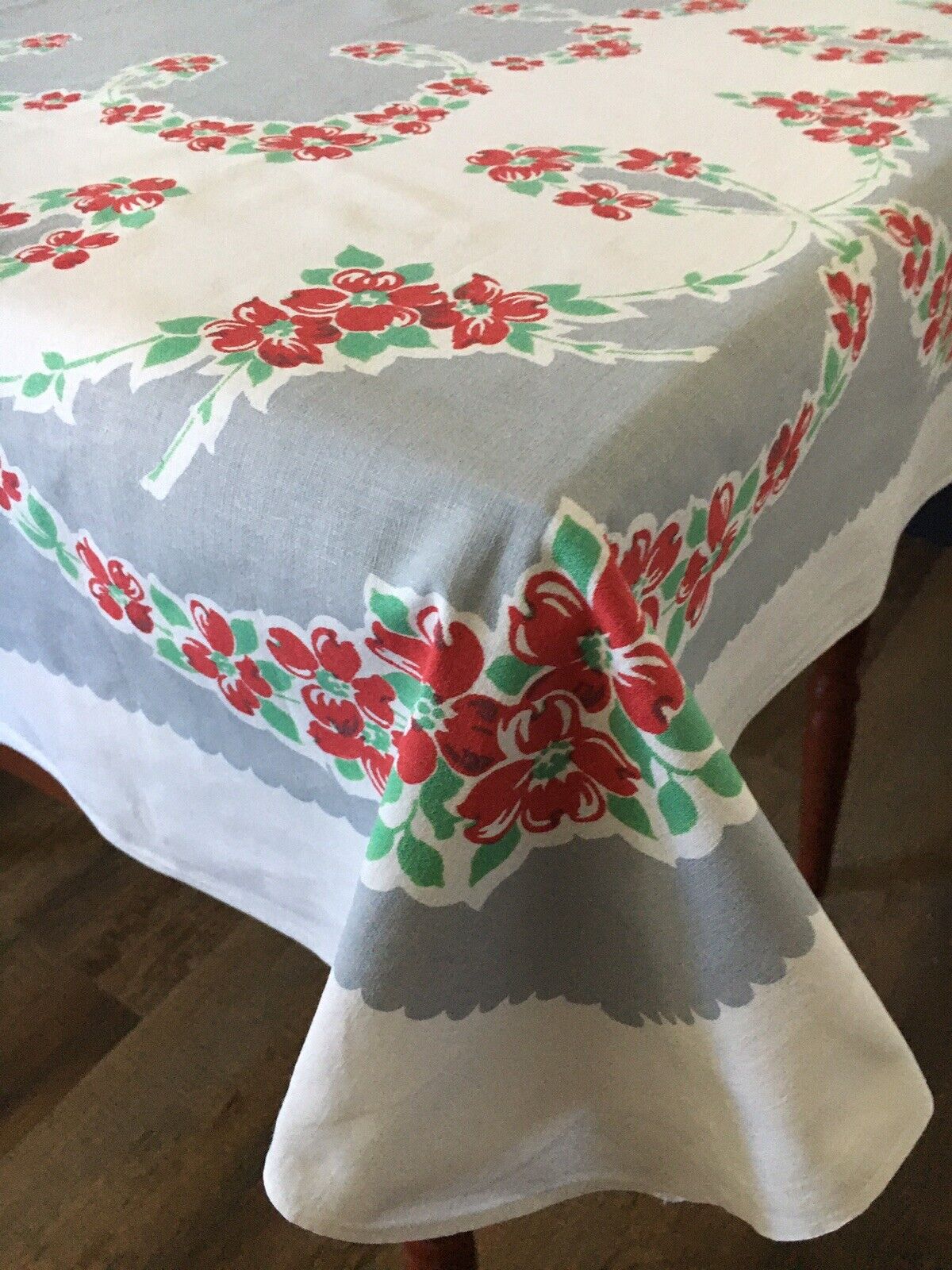 Vintage MCM Printed Tablecloth Excellent Condition Grey Red Green 52x48”