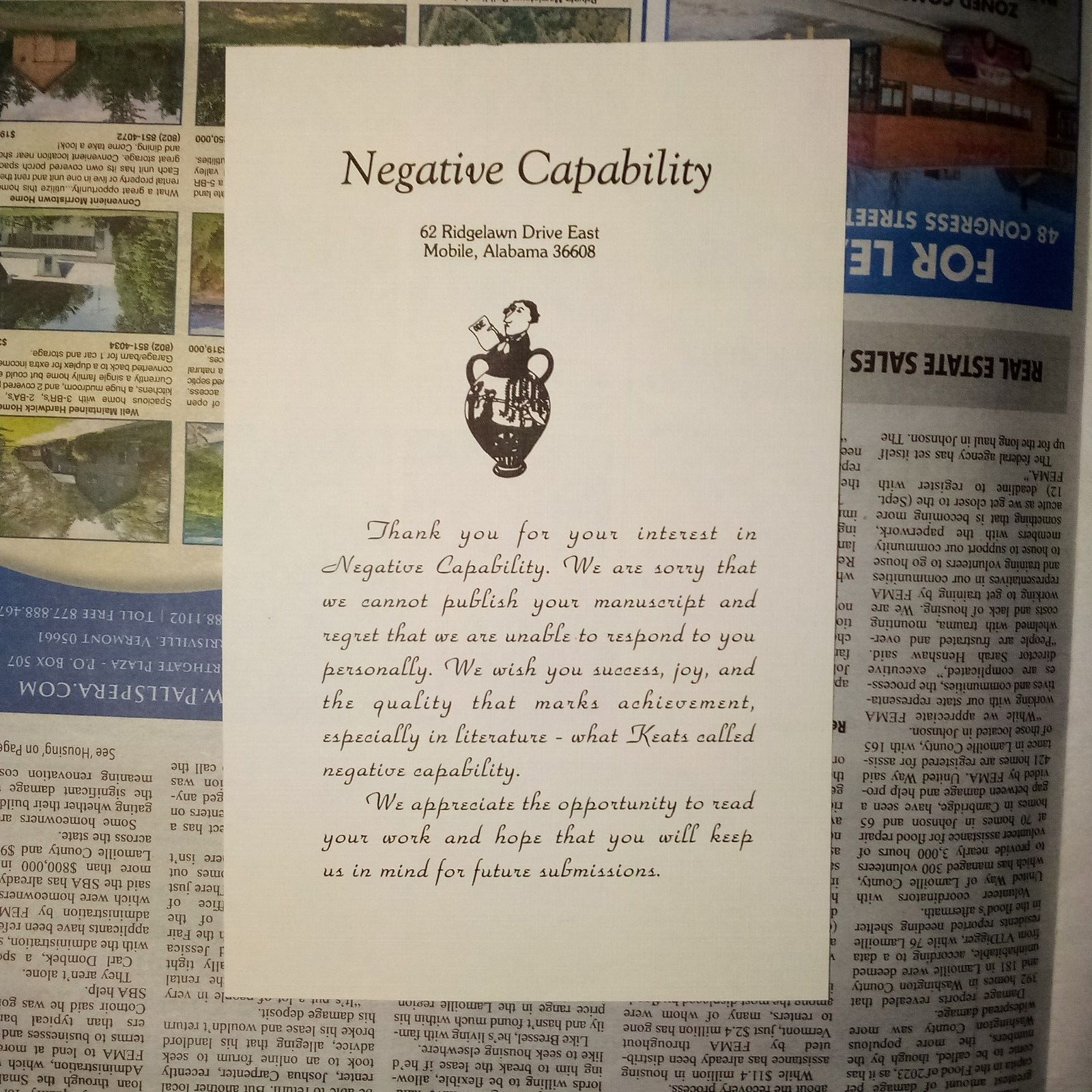 Negative Capability - Rejection Letter - Mobile Alabama