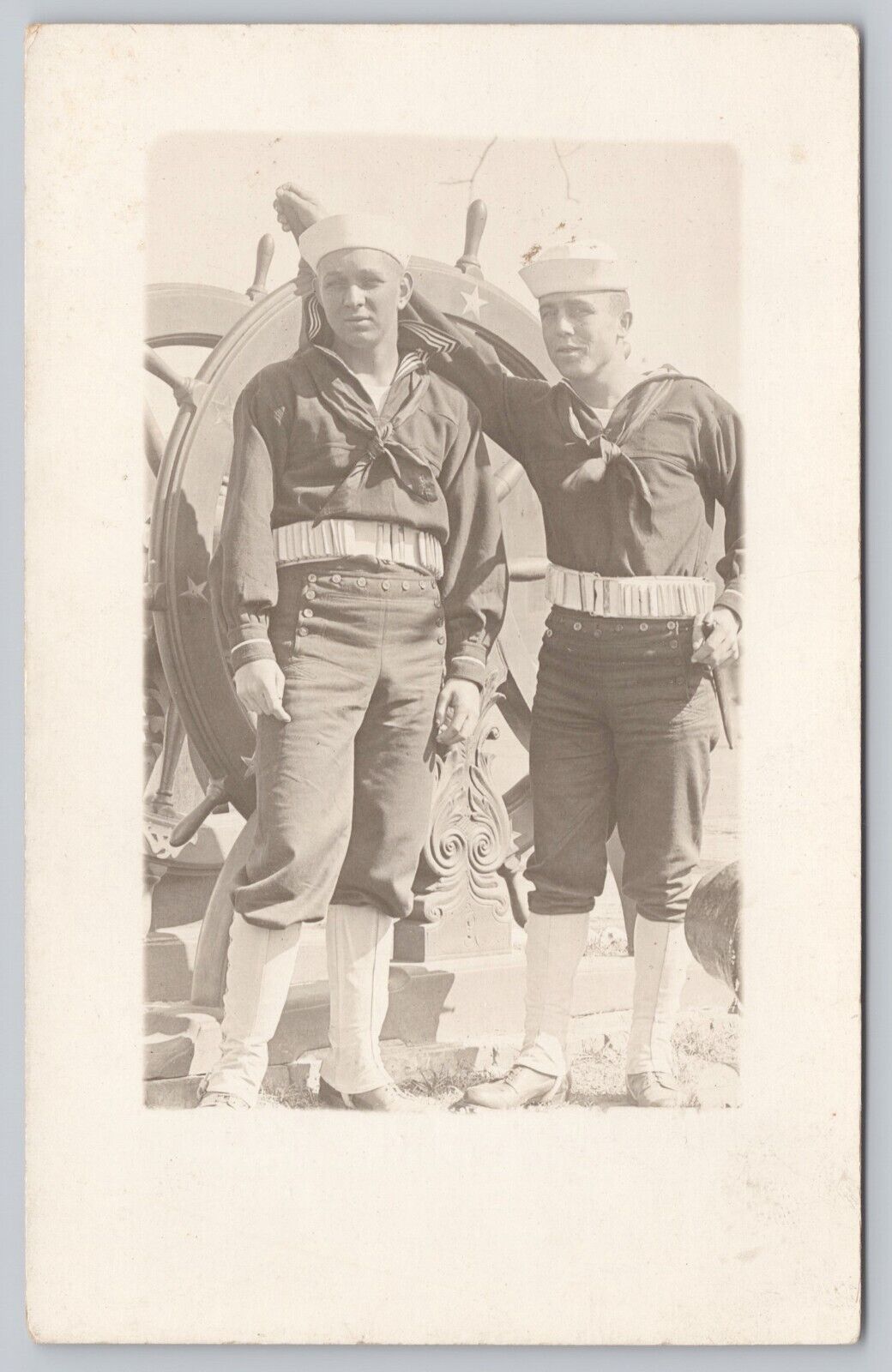 RPPC Postcard 2 Stunning Sexy Young Sailors In Front of Ship\'s Helm 1920s V