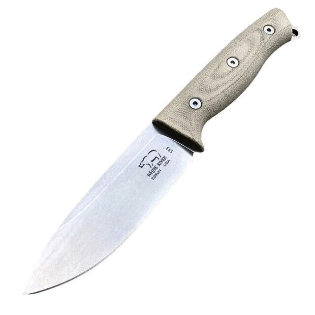 White River Knives Ursus 45 Stonewashed Natural Canvas Micarta Handles Leather S