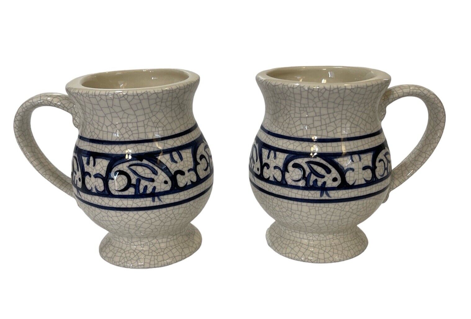 Dedham Pottery Rabbit Crackle Blue 8 Oz Pedestal Coffee Tea Mugs 2007 Set Of 2