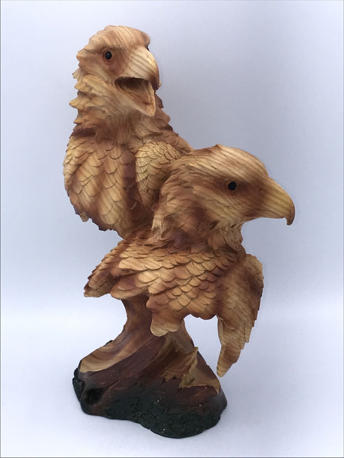 Large Two Eagle Heads Bust Faux Carved Wood Look Figurine Statue Resin 9”