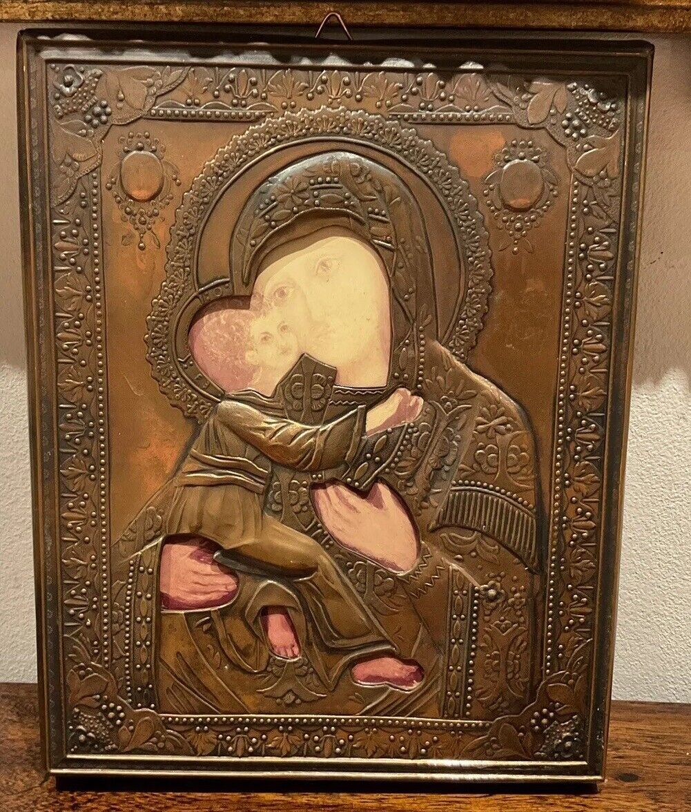 Beautiful antique Orthodox Copper & Wooden  icon , Mary And Child Jesus