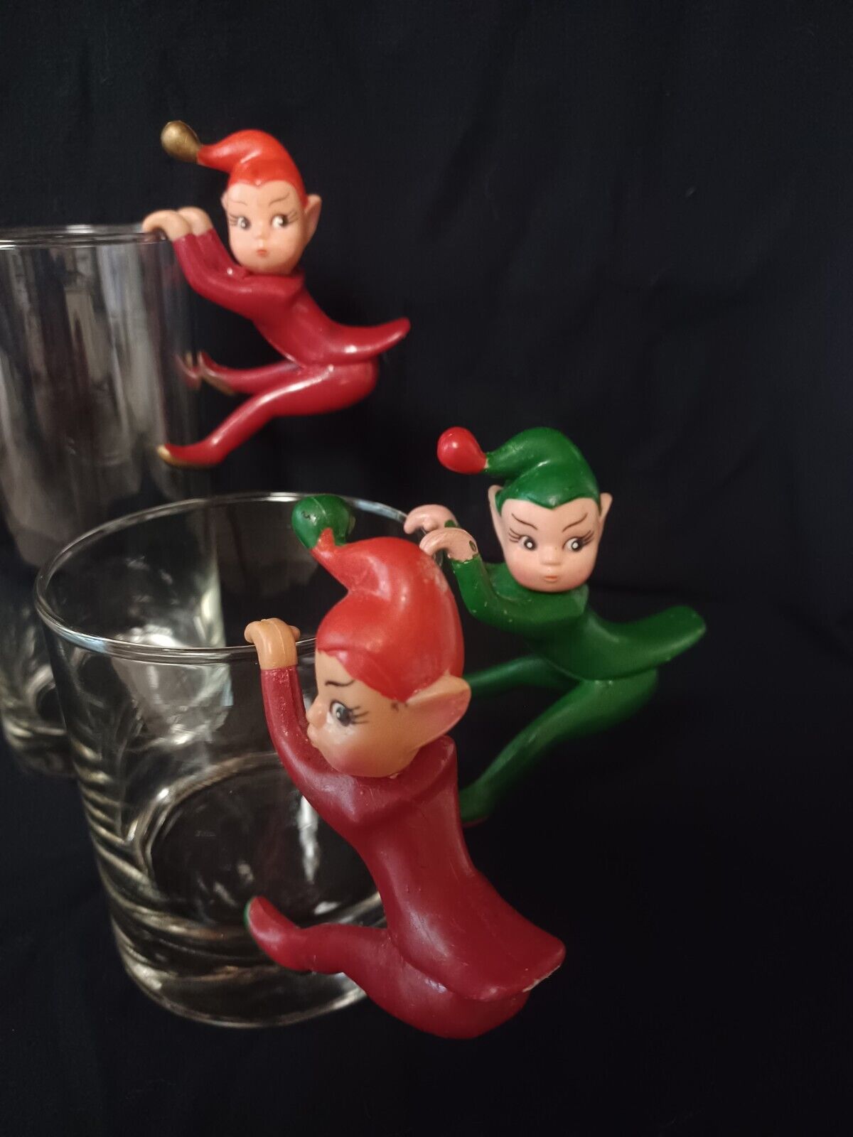 Lot Of 3 Vintage Rubber Christmas Pixie Elves Drink, Cup, Plant Hanger Huggers 