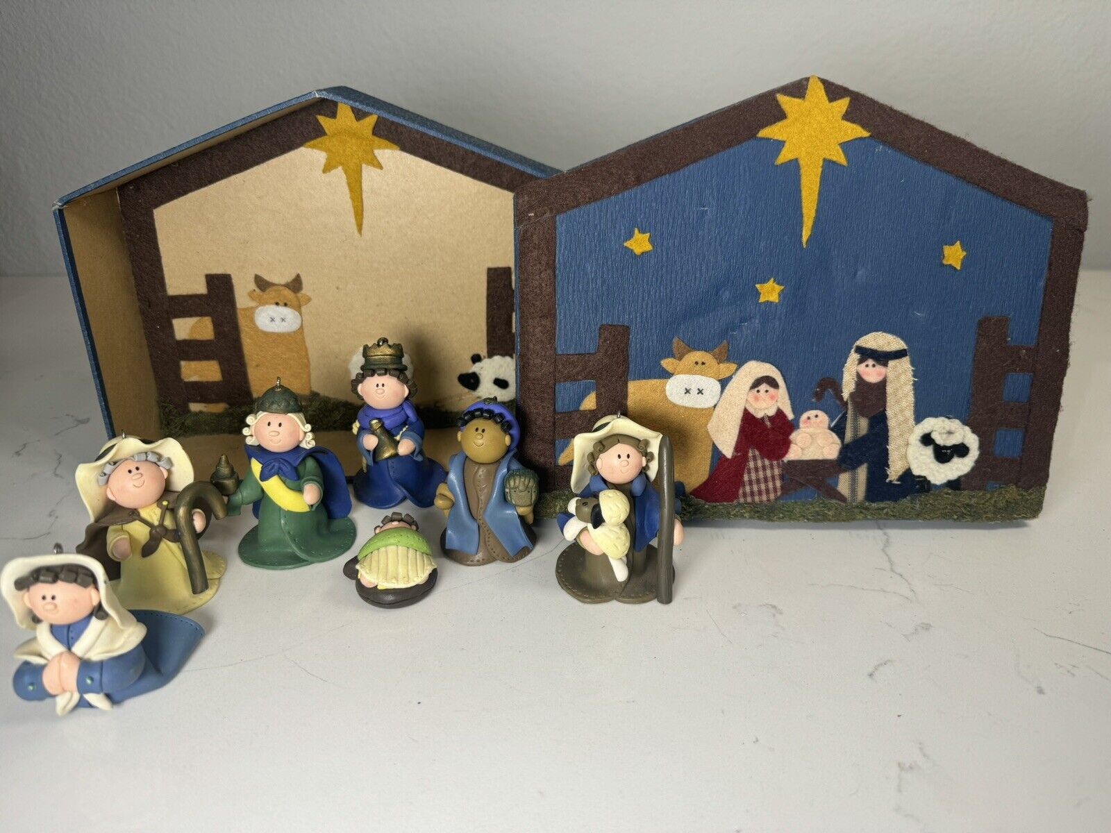 Nativity Christmas Set 7 Clay Figure Ornaments BAF 2004 Felt Box Manger