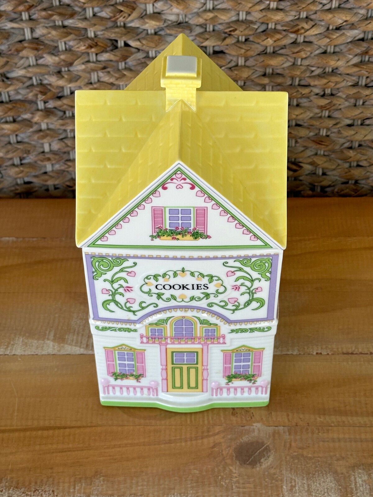 Vintage Lenox Village Cookie Cottage Jar Canister 1991 Yellow Floral Porcelain