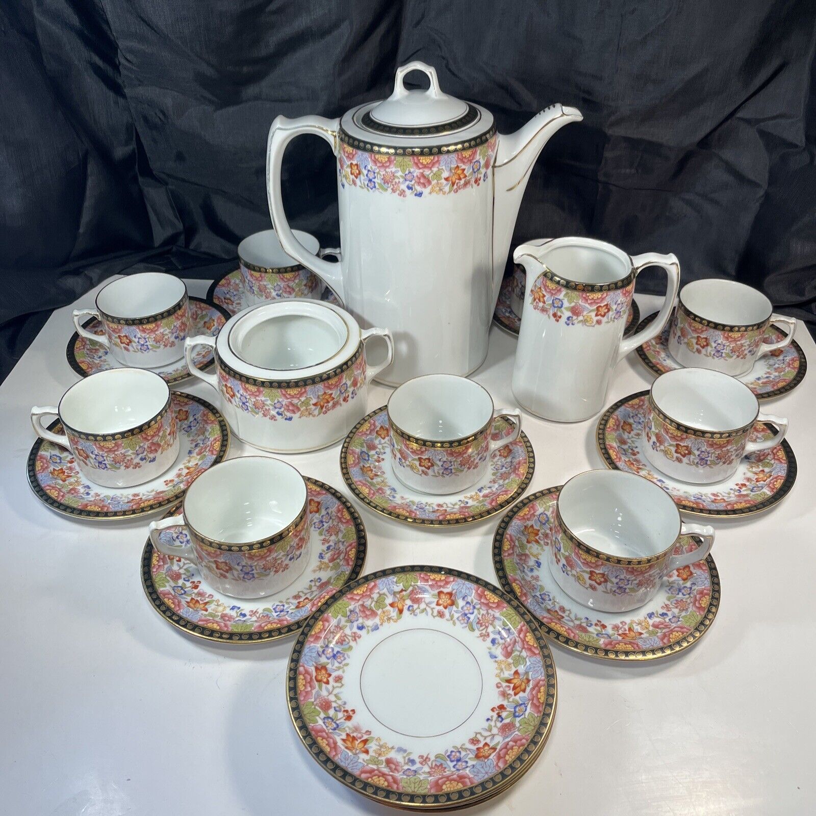 Antique Chocolate Pot Set: Includes pitcher &lid 9 cups 12 saucers Creamer Sugar