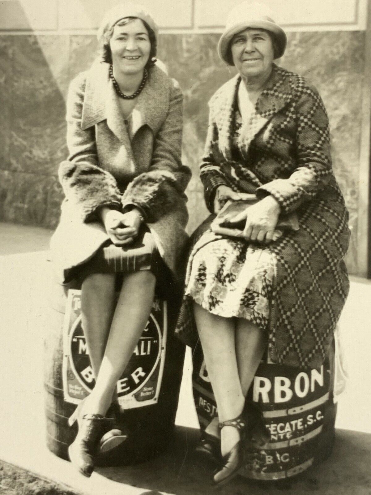F2 RPPC Photo Postcard 1930-40's Women Sitting On Beer And Bourbon Barrels 