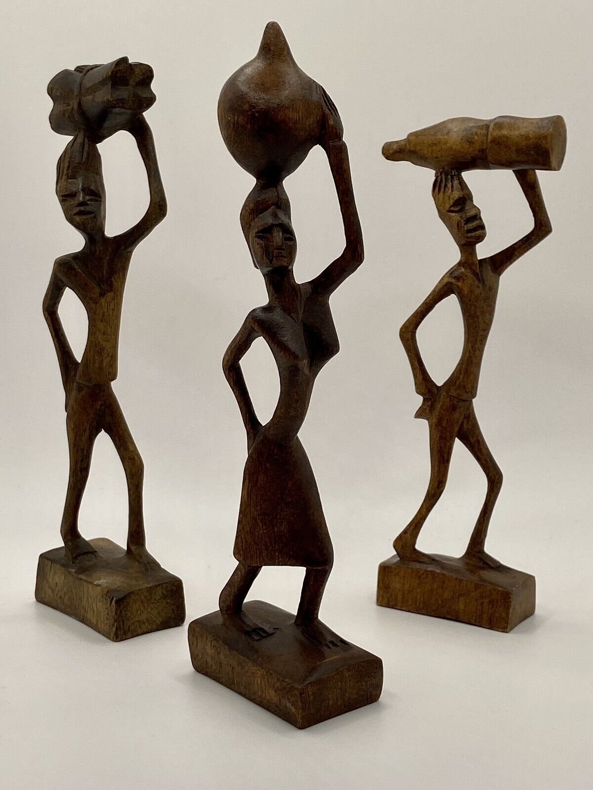 Tribal Three Hand Carved Wood 2 Male & 1 Female Figures African Culture Vintage