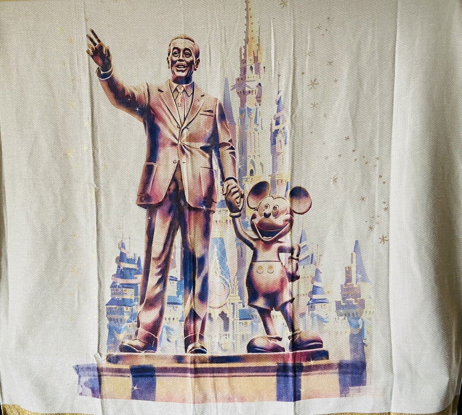 Disney Parks 50th Anniv Walt & Mickey Partner Statue Gold Tapestry Blanket 60x72