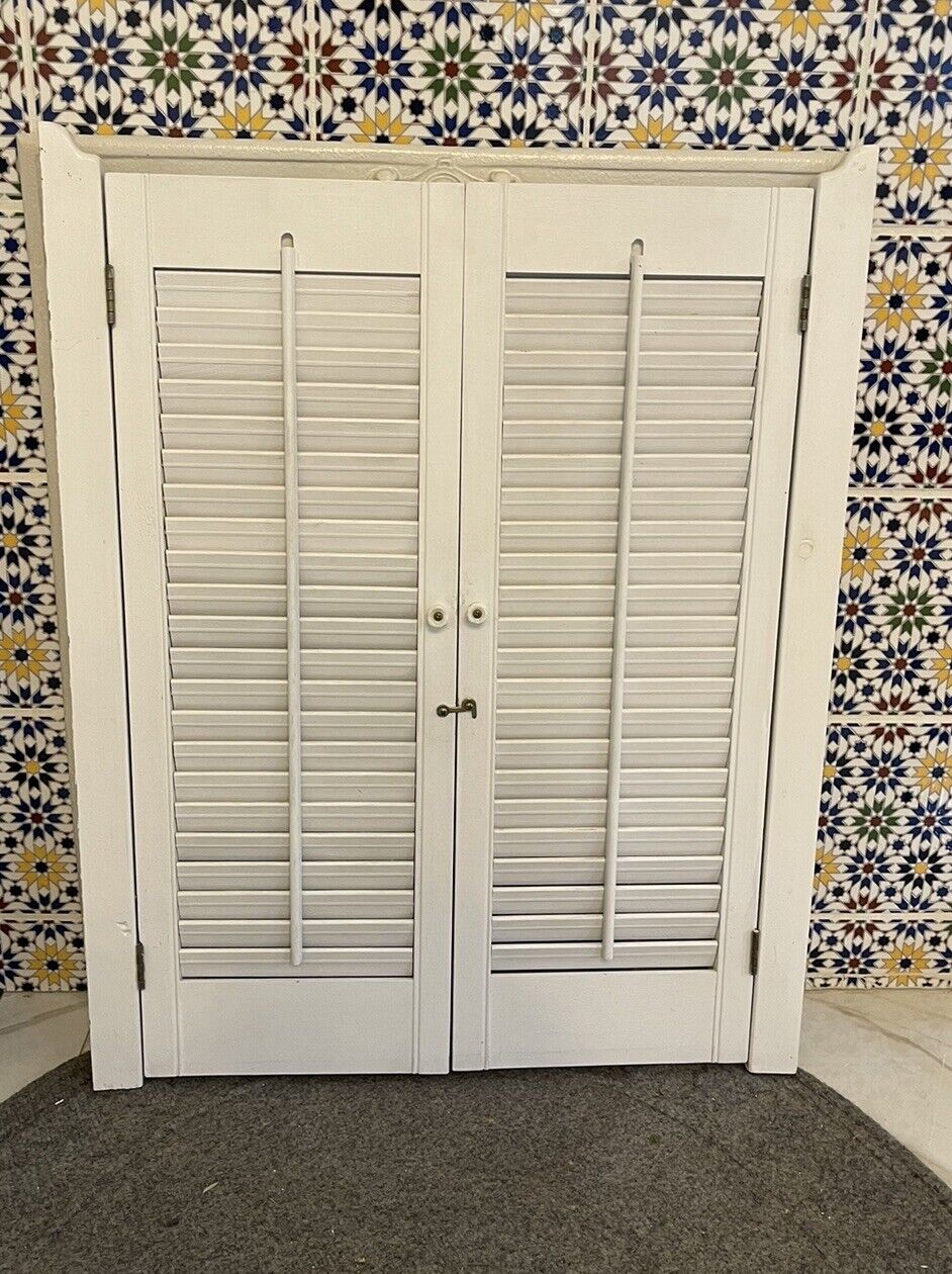 Vintage White Wood Louvered Plantation Style Shutters 28” Tall  Hardware