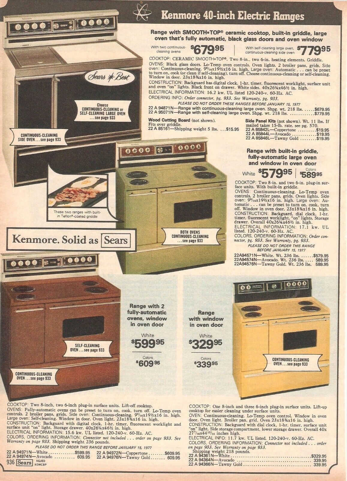 1977 VINTAGE PRINT AD KENMORE 40 INCH ELECTRIC RANGE STOVES YELLOW COPPER GREEN