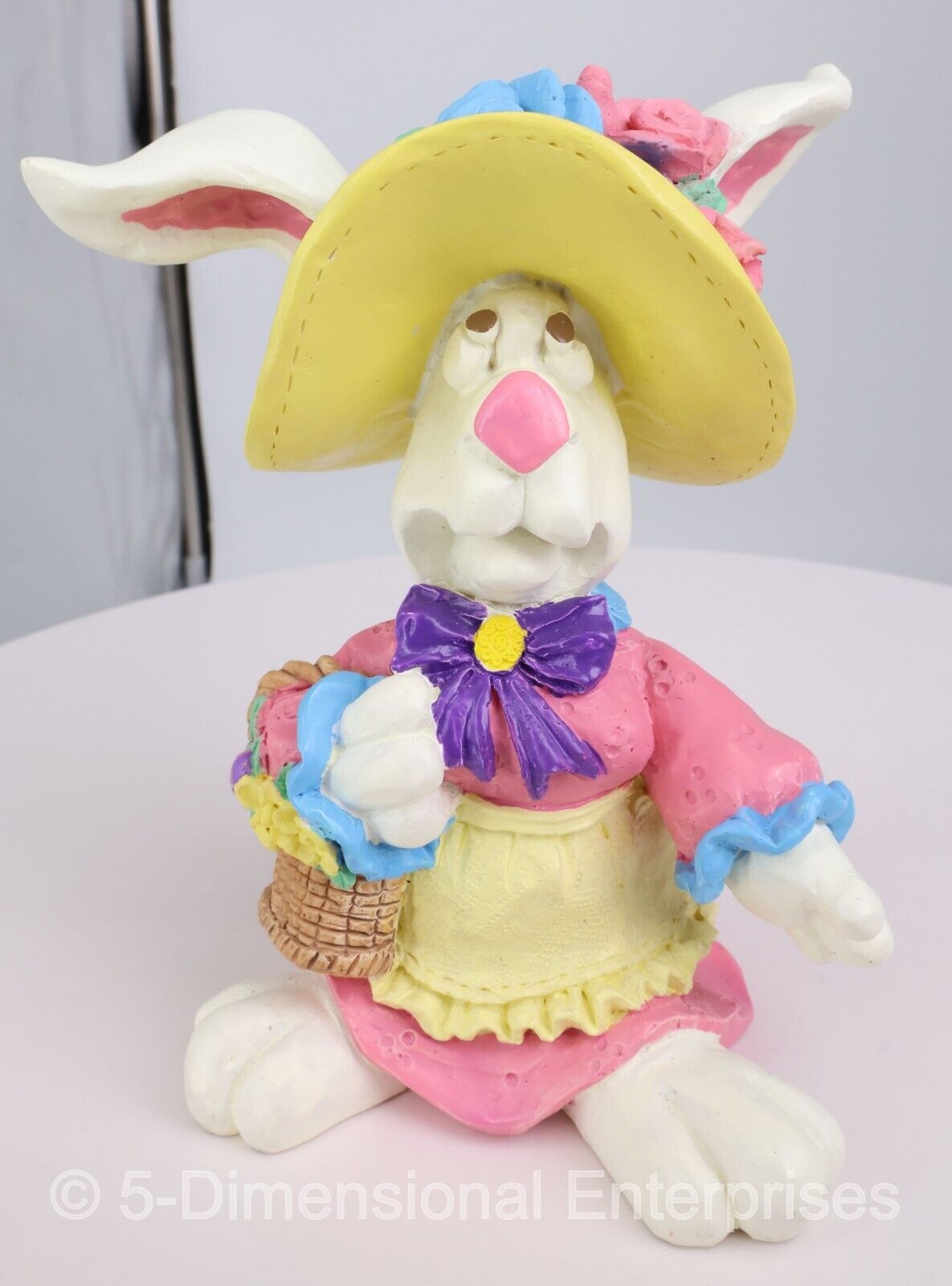 Vintage EASTER BUNNY Resin Figurine Wearing a FLOWERY HAT with FLOWER BASKET