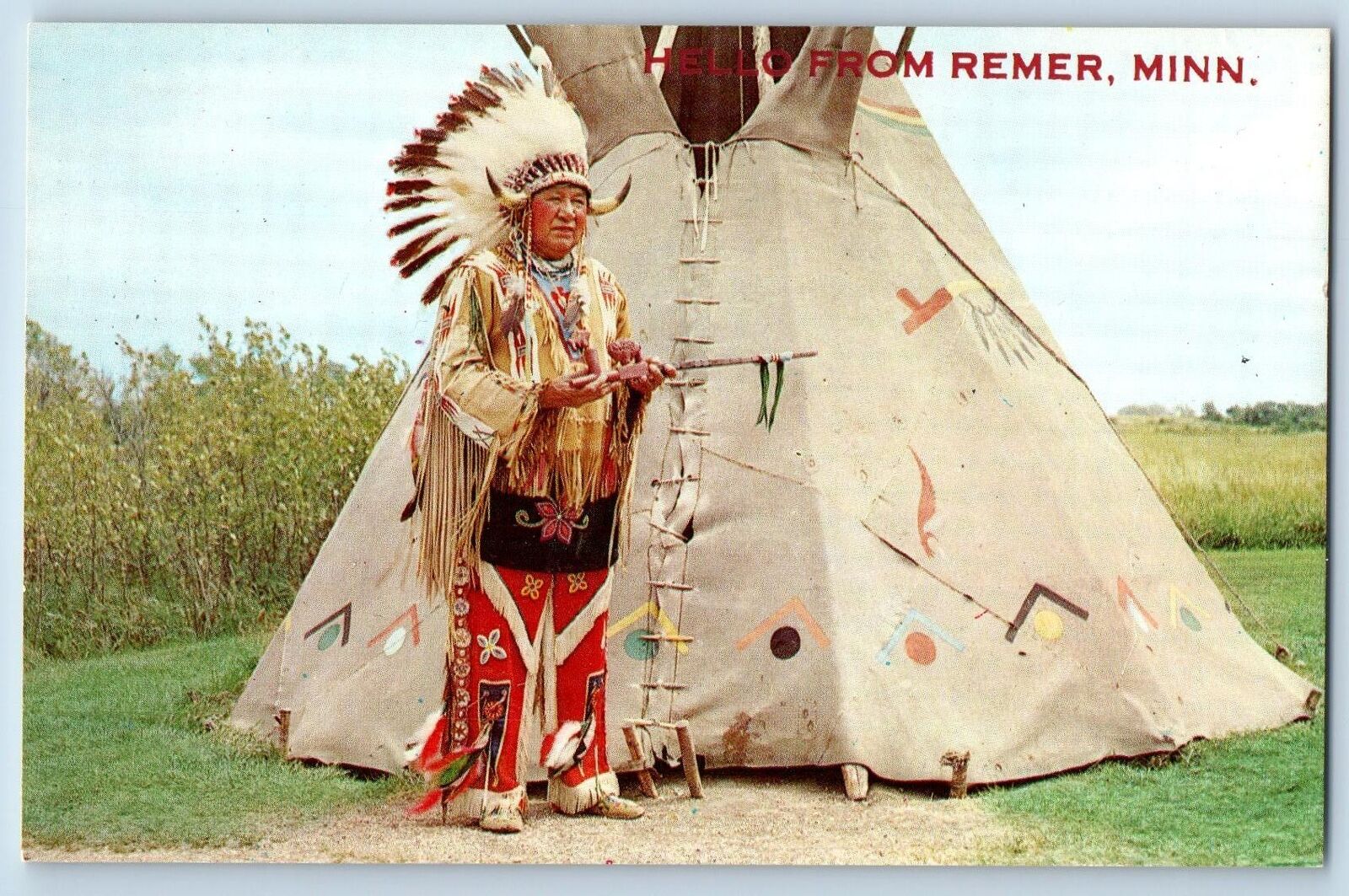 c1950's Hello From Remer Standing Eagle Indian Minnesota Correspondence Postcard