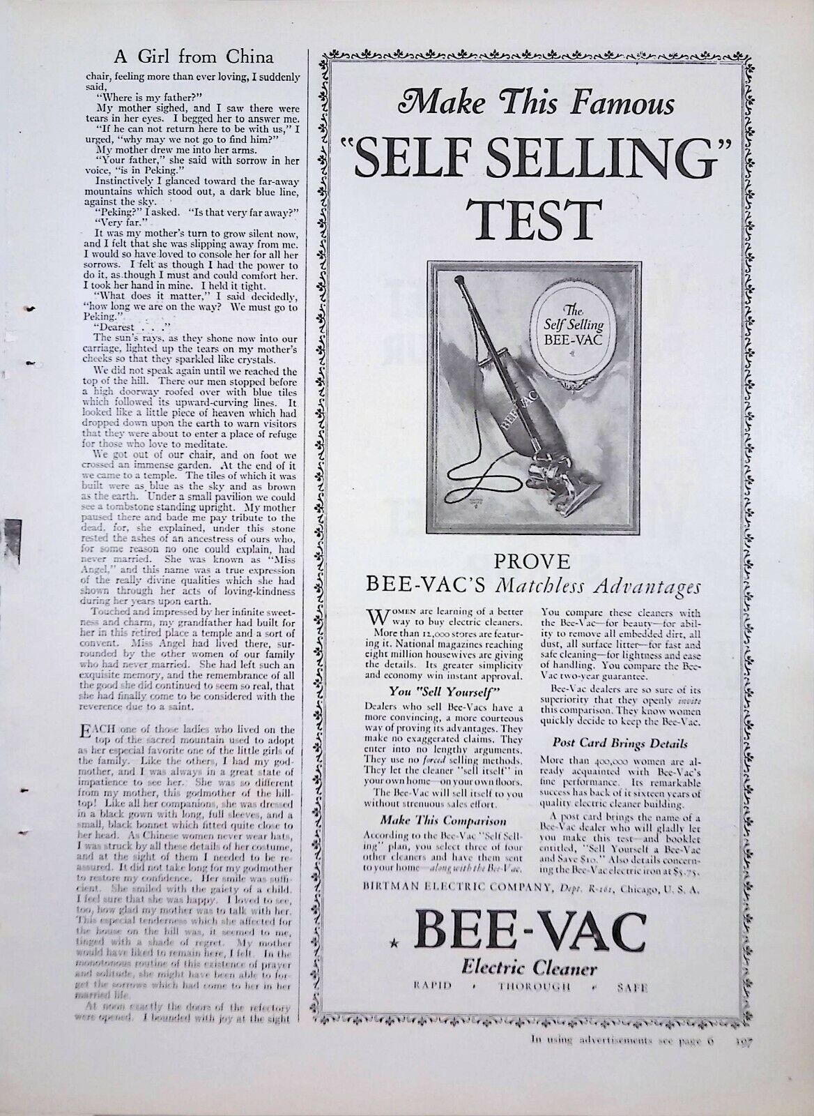 Bee Vac Electric Cleaner Print Ad Good Housekeeping Magazine November 1925 