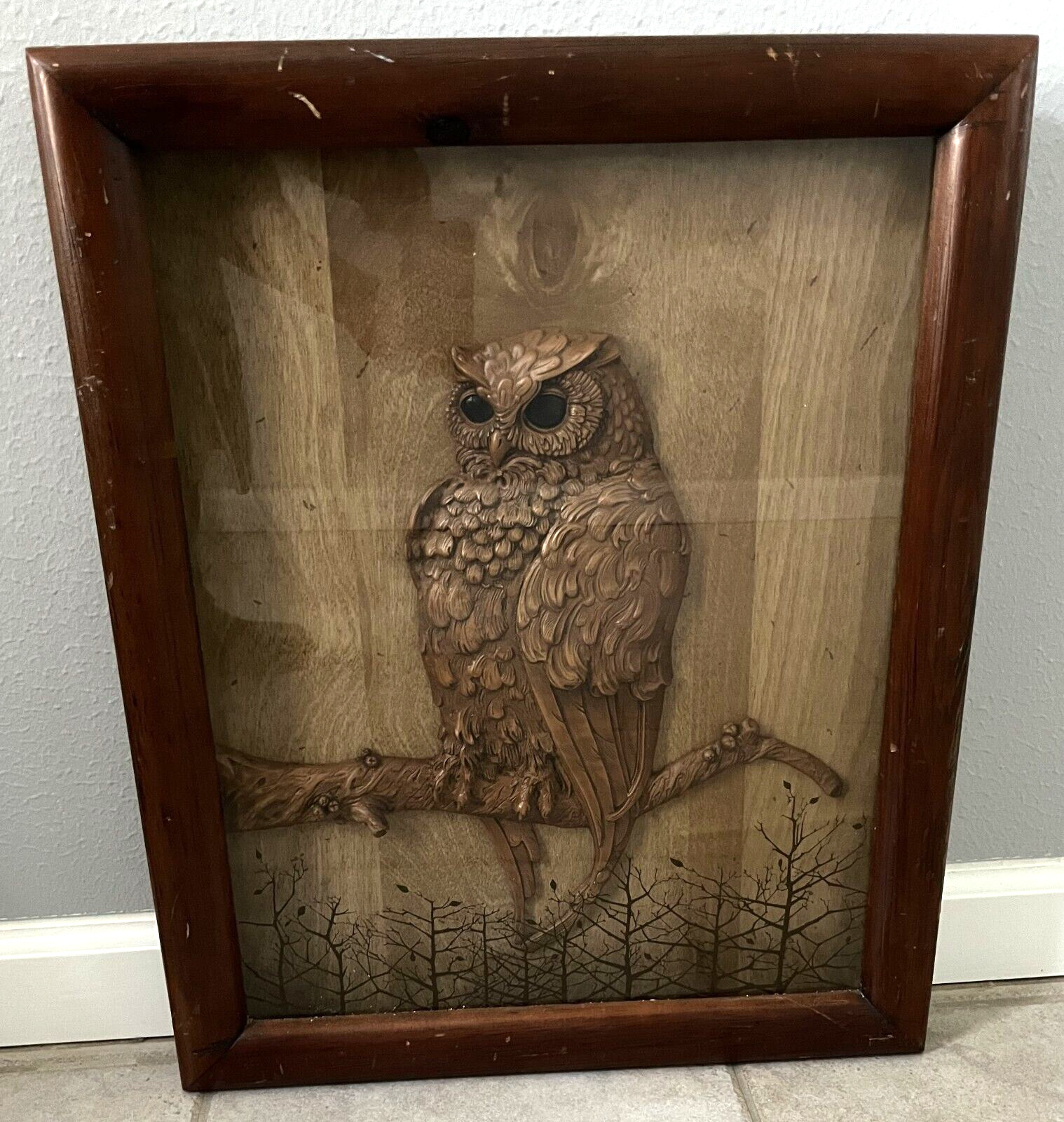 OWL Sculpture Framed 3D Wood Shadow Box Glass Carved Figure Art Vintage 1970s
