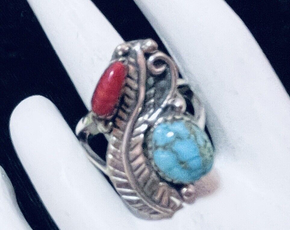Navajo Sterling Turquoise And Coral Ring #905 SIGNED