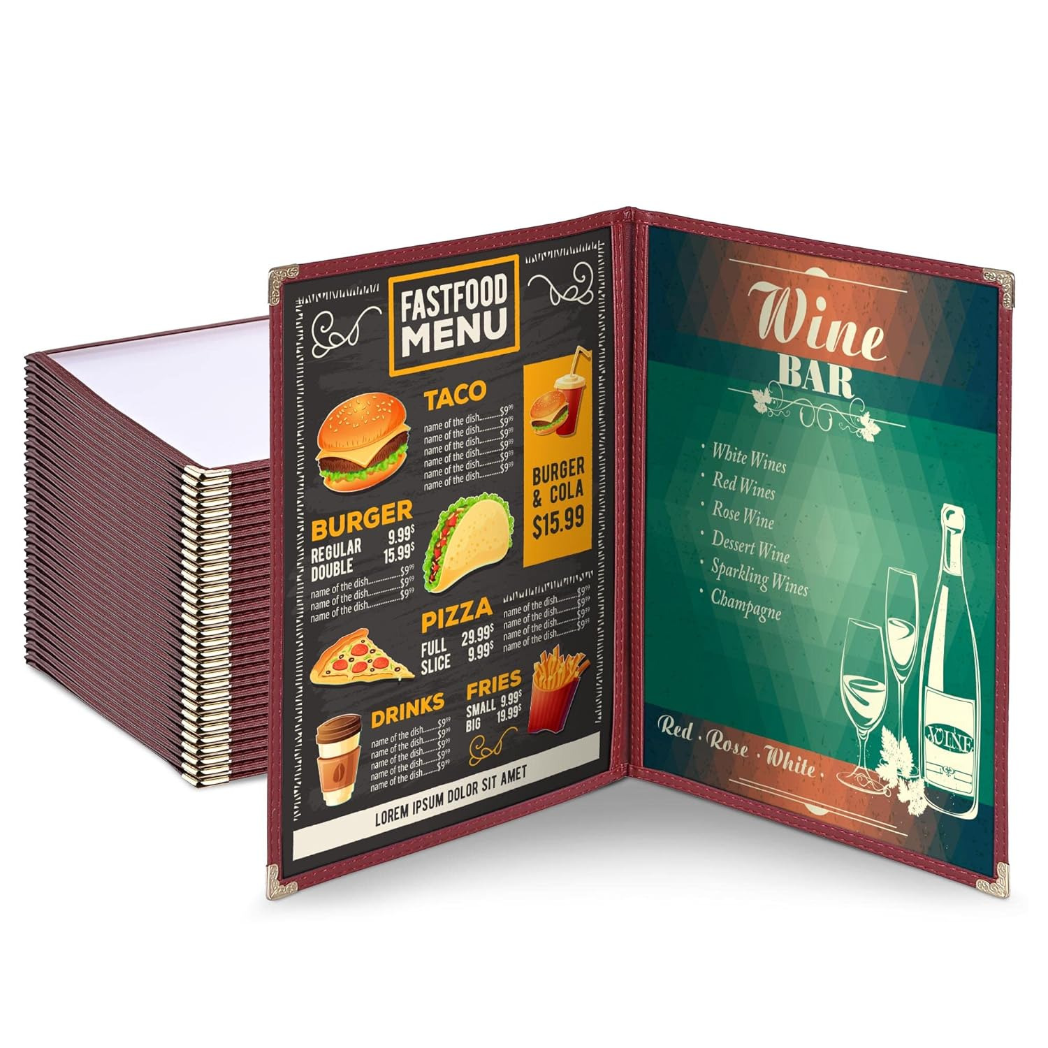 WeChef 30 Pack Restaurant Menu Covers 8.5 x 11 Double Fold 2 Pages 4 Views Trans
