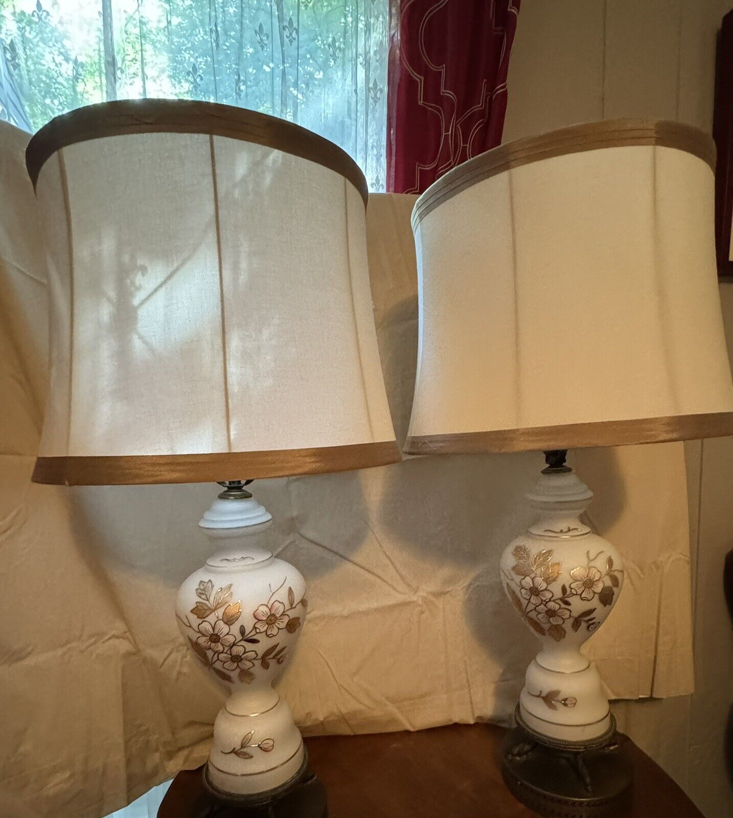 Two Lovely Vintage Glass Lamps White Glass Painted Pink & Gold Flowers Fish Feet