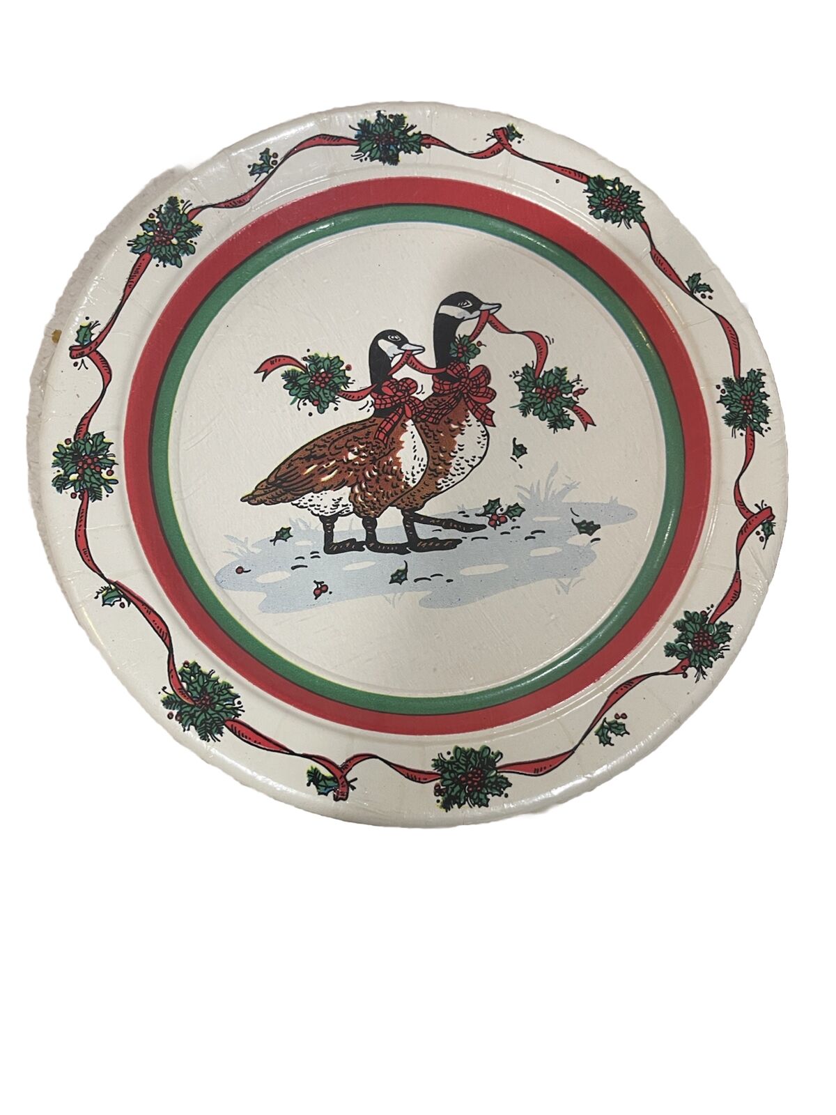 VTG Potpourri Press Christmas Geese Plastic Coated paper plates Round Serving
