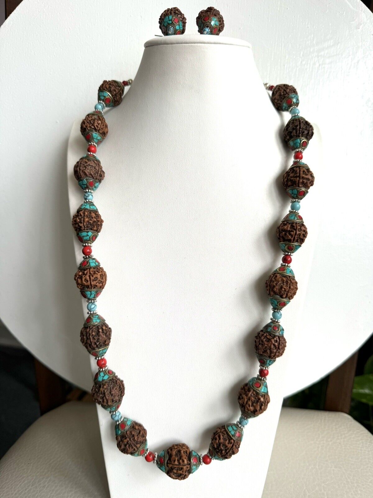 Vintage Rudraksha beads With Tibetan copper cap and Coral and Turquoise necklace