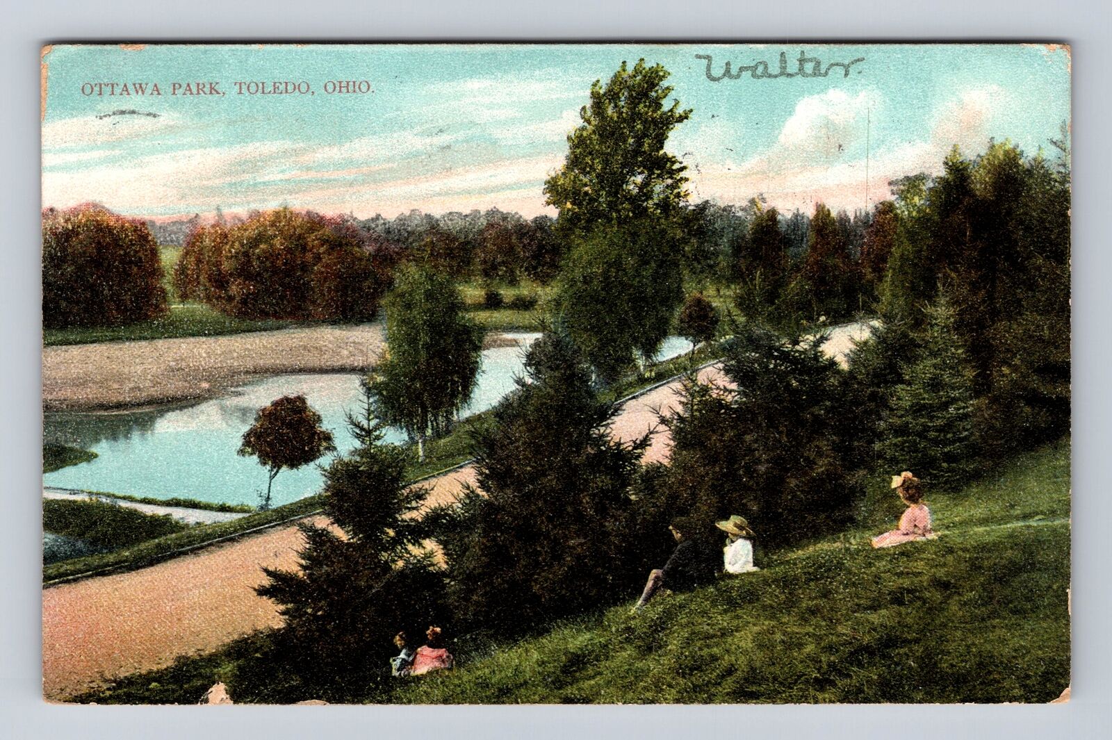 Toledo OH-Ohio, Kids Overlooking Ottawa Park Lagoon, Vintage c1907 Postcard