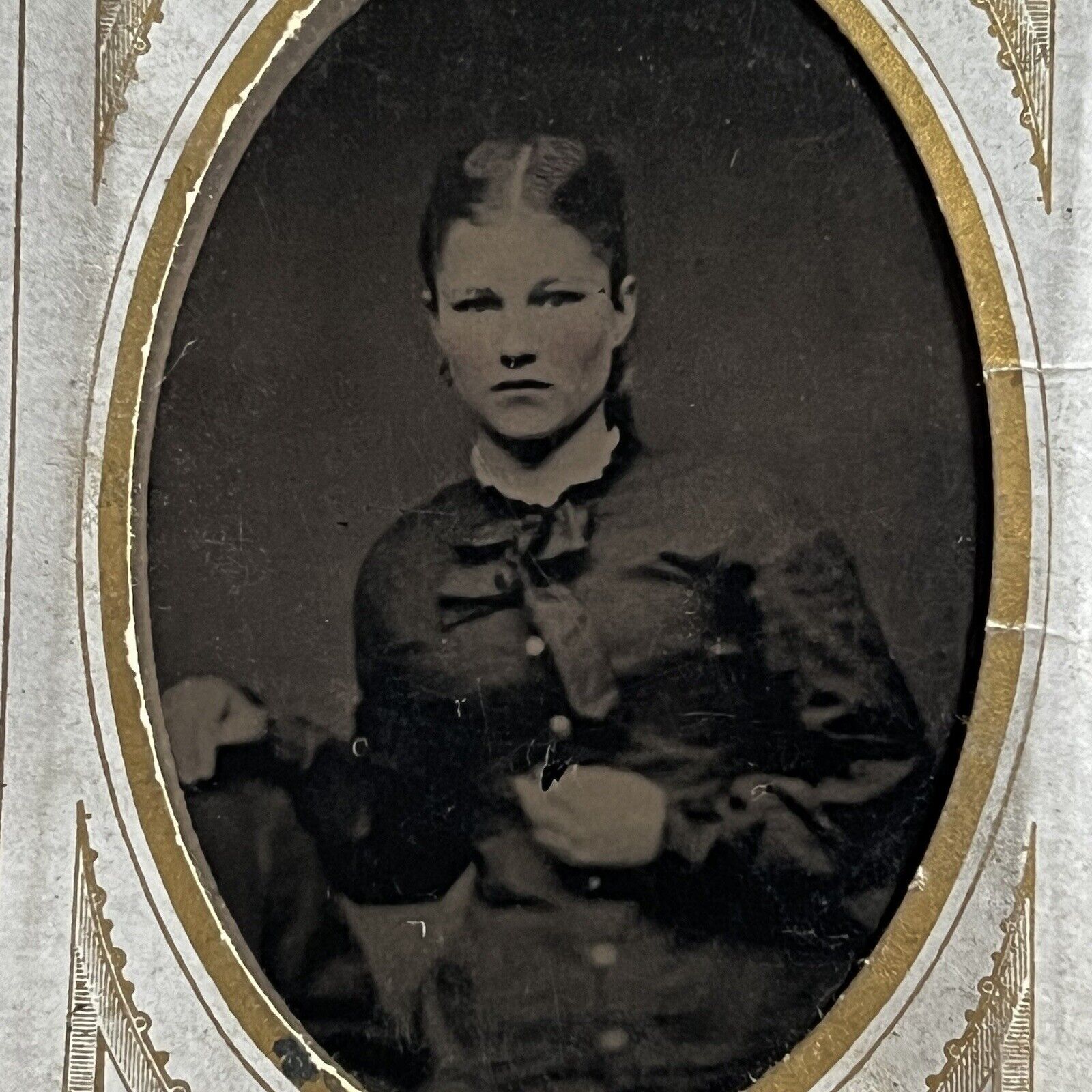 Antique Tintype Photograph Beautiful Young Woman Info On Back ID