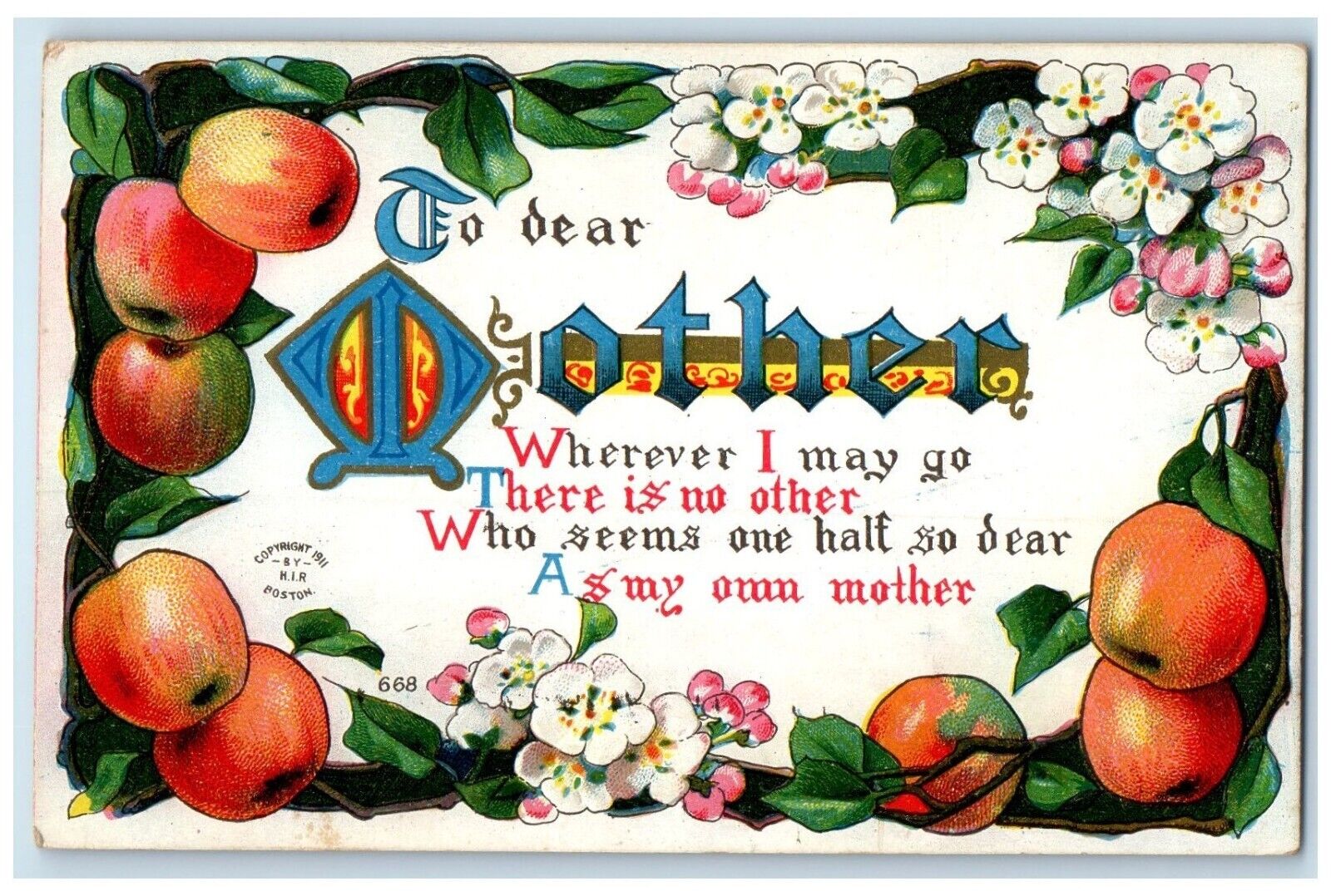 1911 To Dear Mother Message Apples Flowers McGrath Minnesota MN Antique Postcard