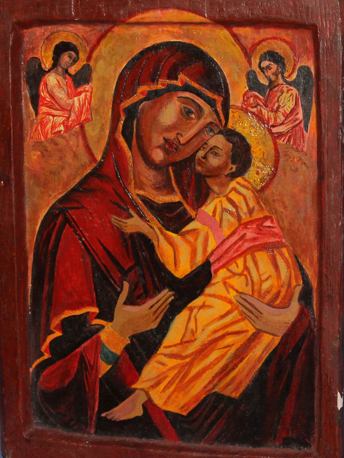 Hand painted tempera/wood icon The Virgin Mary Christ Child