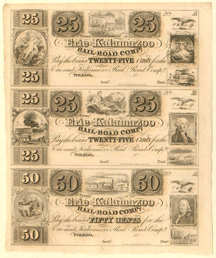 Erie and Kalamazoo Railroad Co. - Uncut Obsolete Sheet - Broken Bank Notes - Pap