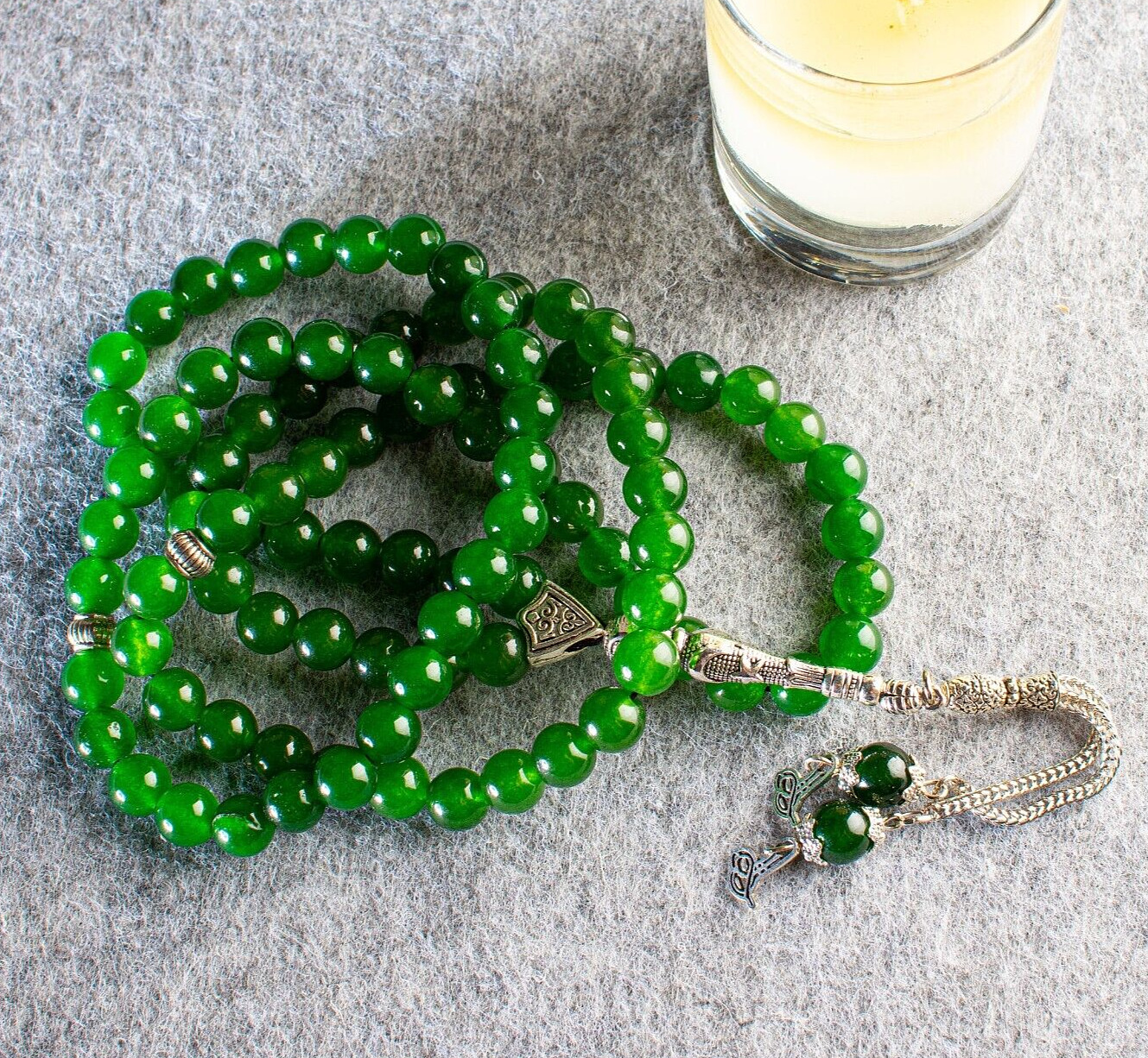 REAL Green Jade  Stone Islamic Prayer 99 beads Tasbih Misbaha Rosary Tasbeeh 8mm