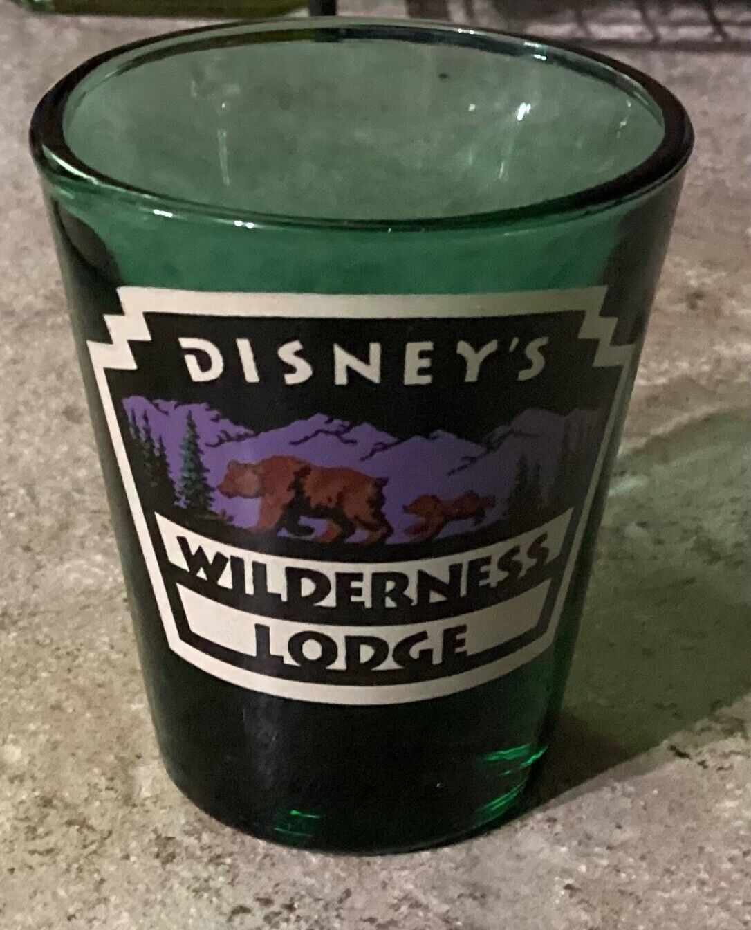 Rare Vintage Disney World WDW Wilderness Lodge Resort Green Tinted Shot Glass