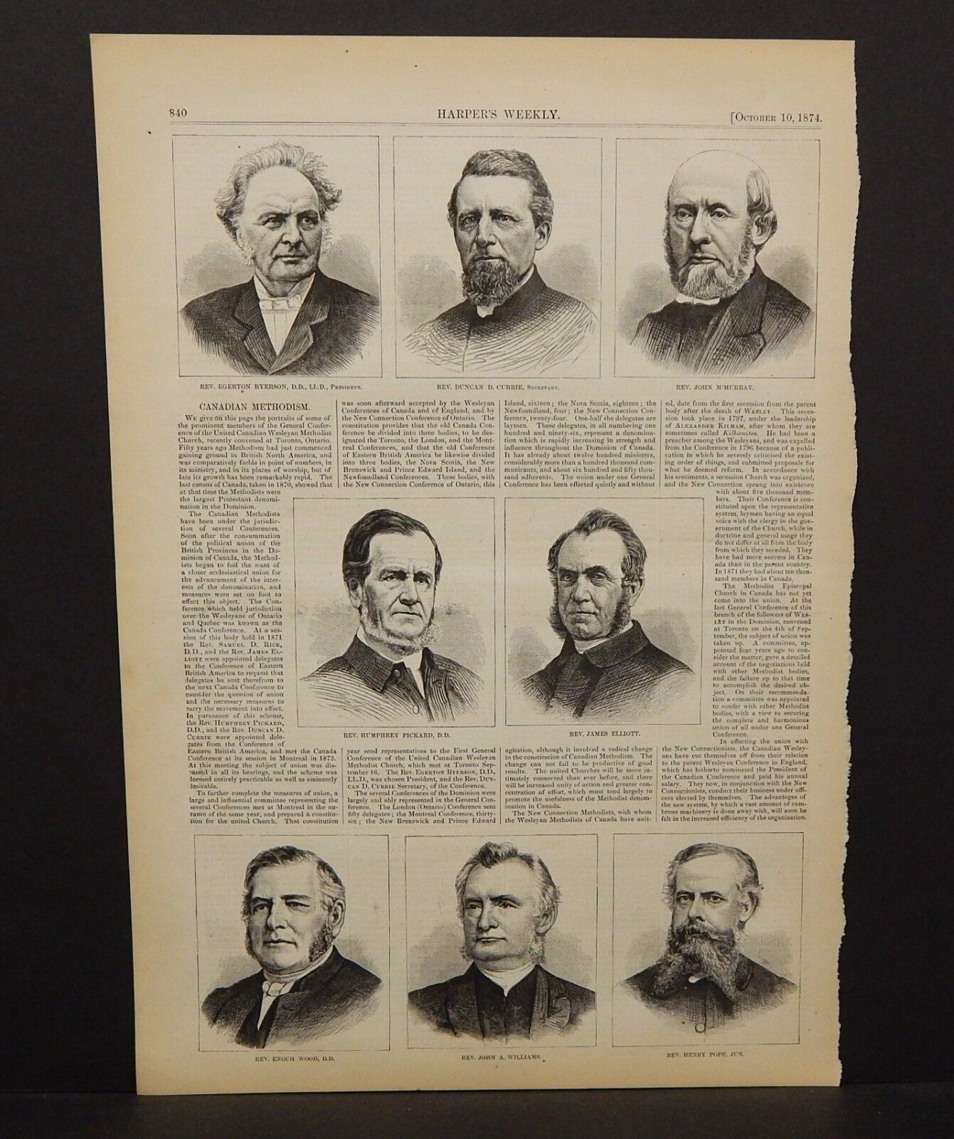Harper's Weekly Single Pg Canadian Methodism- Portraits of Members 1874  A10#94