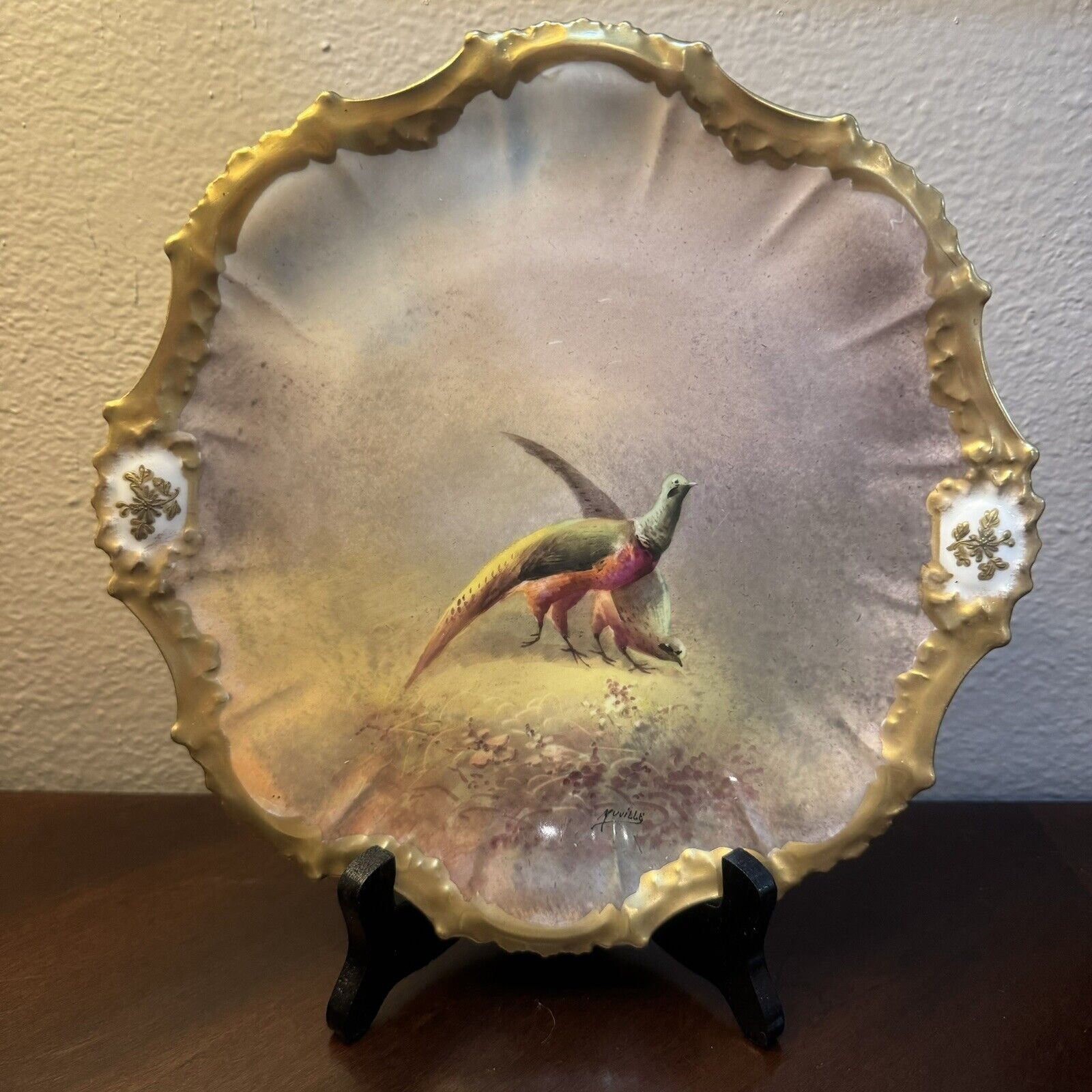 LIMOGES FRANCE hand painted  bird quail game  bird pattern plate 1930s signed