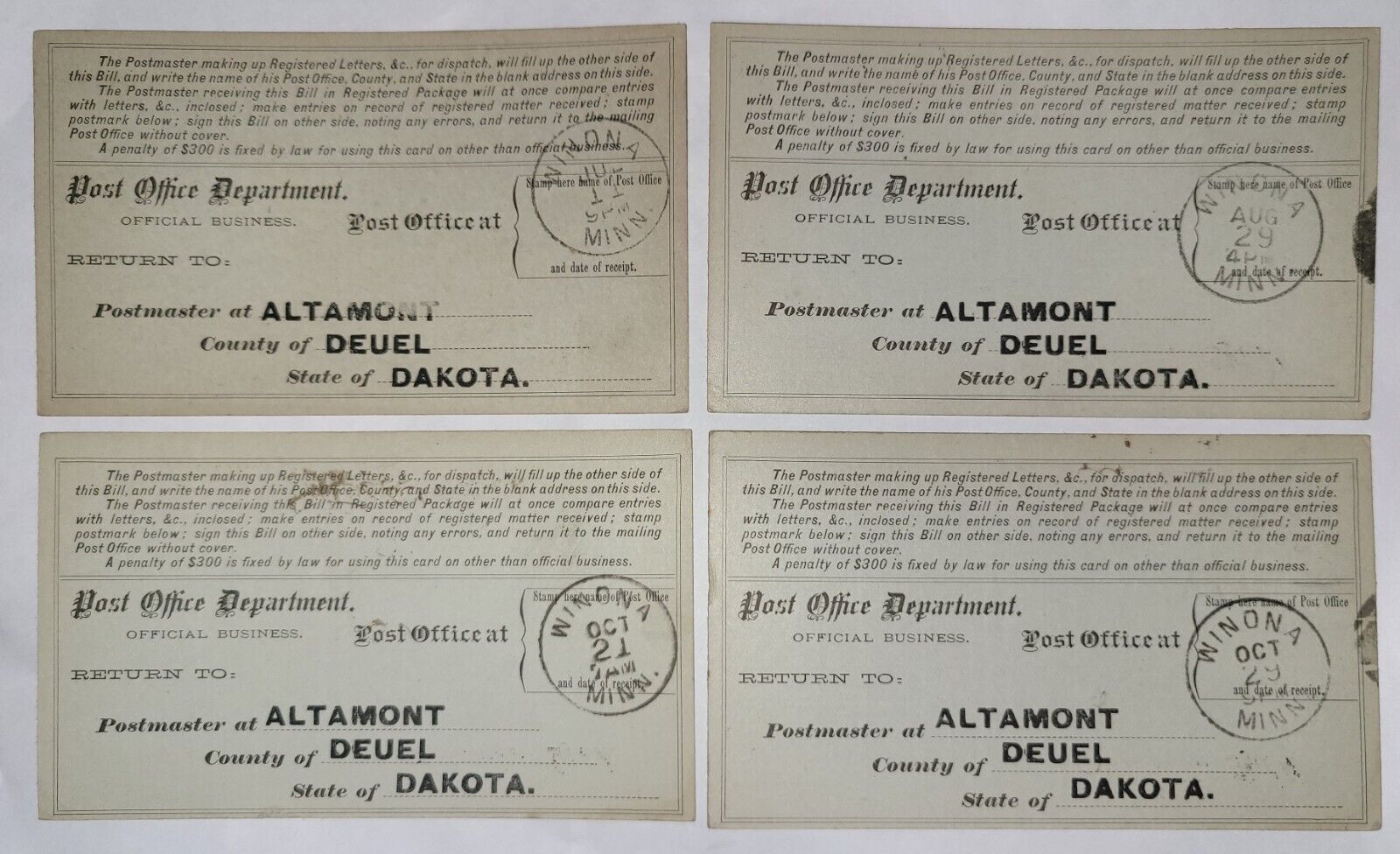 4 VTG POST OF RETURN REC, 1882 Altamont, DK to Winona, MN. Clear Seals.