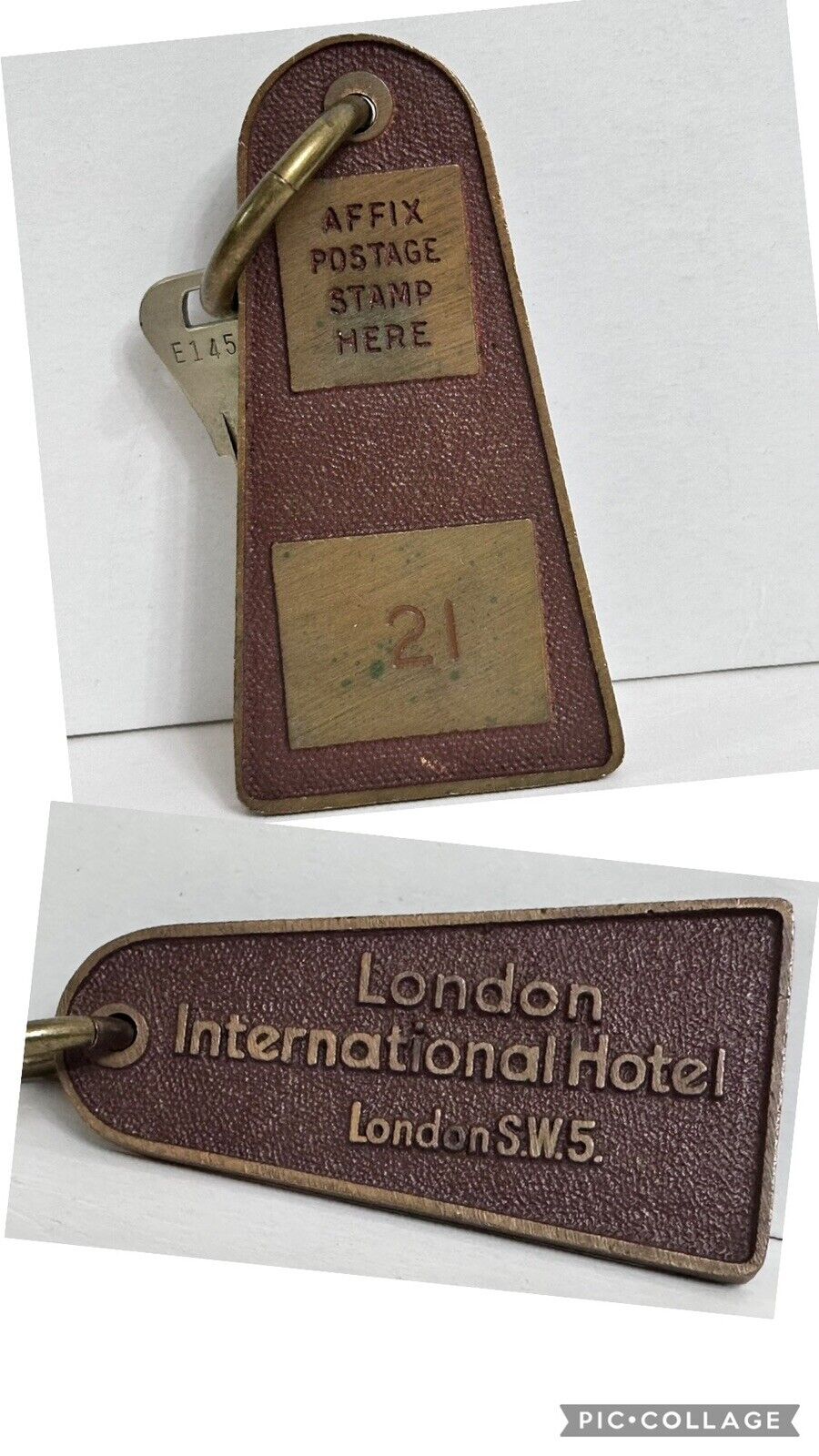 Vintage London International Hotel London S.W.5. UK Chunky Bronze Room Key #21