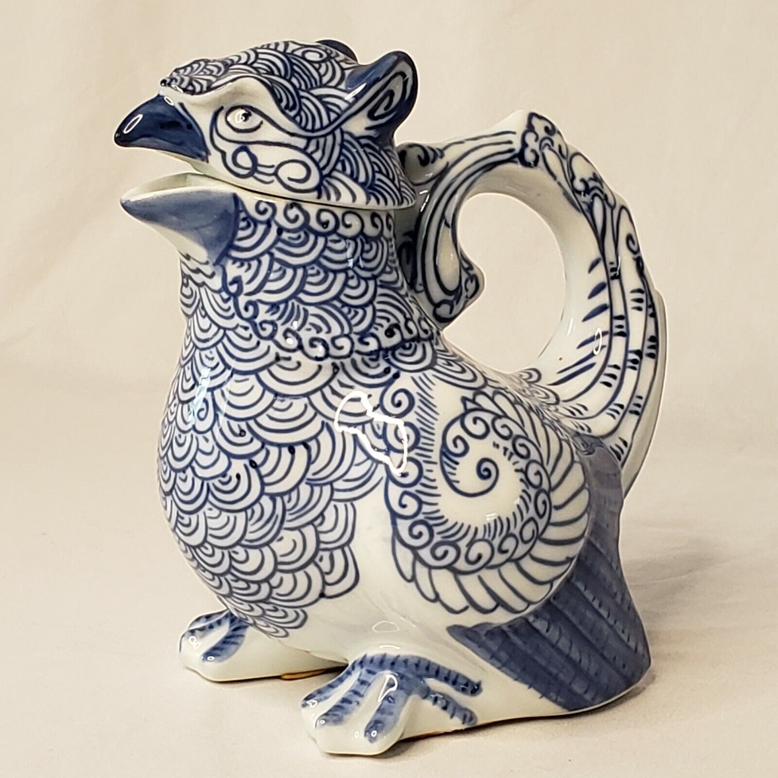 Blue & White Bird Teapot Chinese Asian Porcelain 6 1/2
